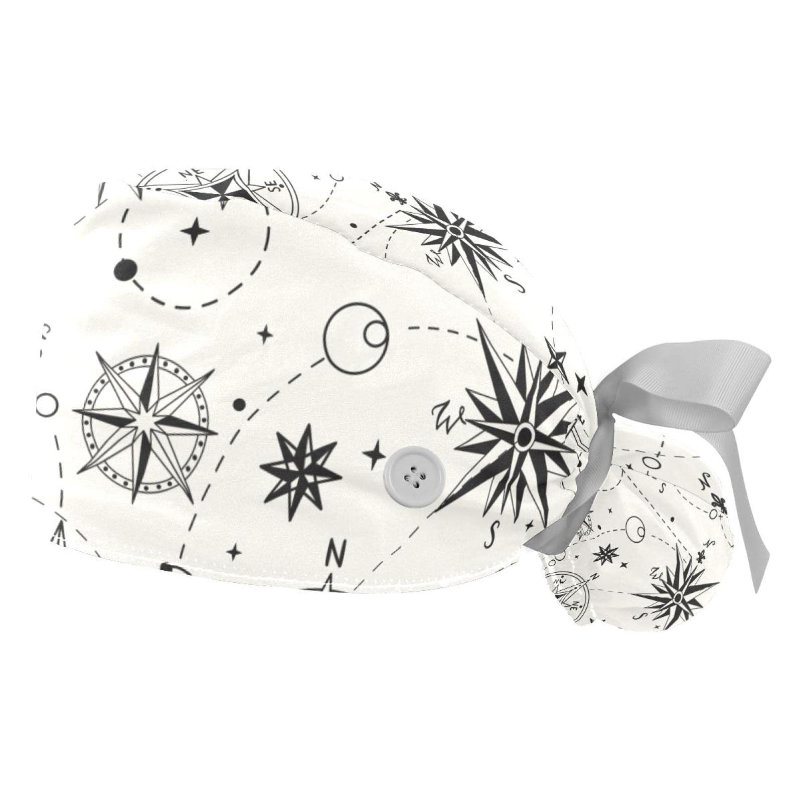 2 PCS Long Hair Working Cap with Buttons & Sweatband - Adjustable Ribbon Tie Back Hat with World Map Compass Design - Bouffant Scrub Turban Caps for Nurses, Chefs & Salon Professionals