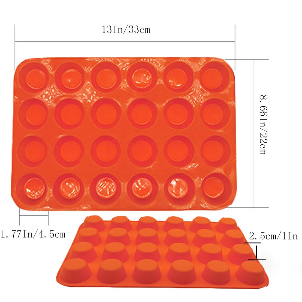 Qtopun 4-Pack Silicone Mini Muffin Pan - 24 Cups Non-Stick Baking Mold for Cupcakes, Muffins & Desserts - Perfect for Parties, Holidays & Home Baking (Orange)