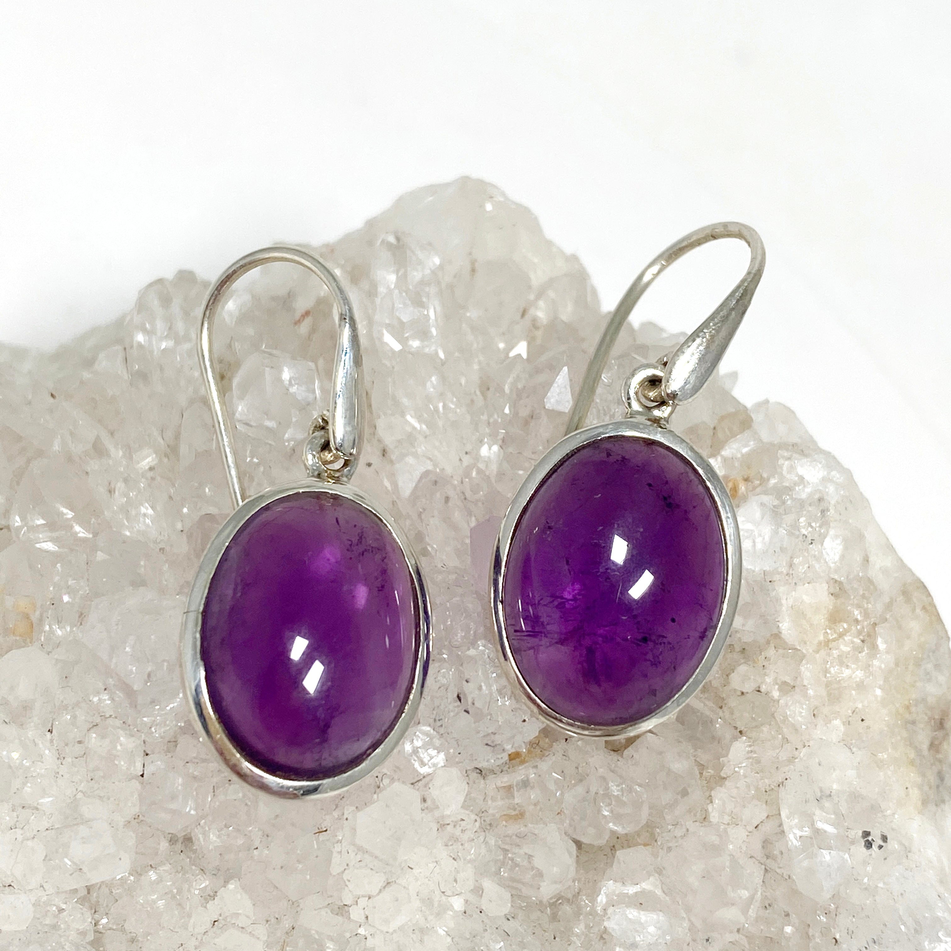 Natural Amethyst Oval Cabochon Earrings for Women - Handmade Sterling Silver Dangle Earrings | Perfect for Weddings, Parties & Everyday Wear