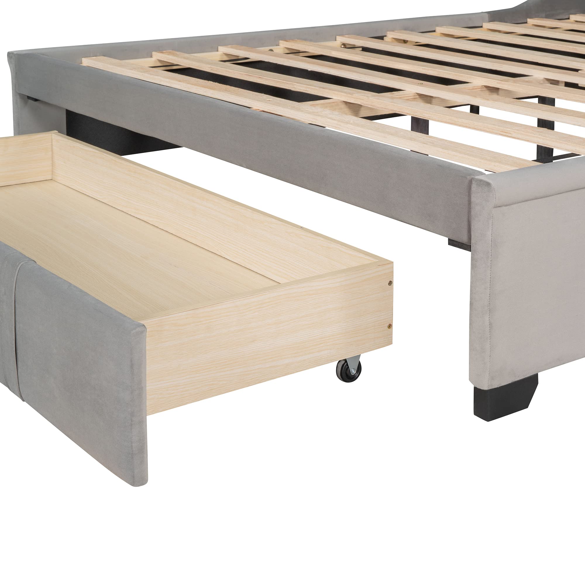 KLMM Queen Size Velvet Upholstered Platform Bed with Wingback Headboard & Storage Drawer - Button Tufted Wood Slat Support, No Box Spring Needed (Gray) - Perfect for Modern Bedrooms, Guest Rooms & Small Space Living