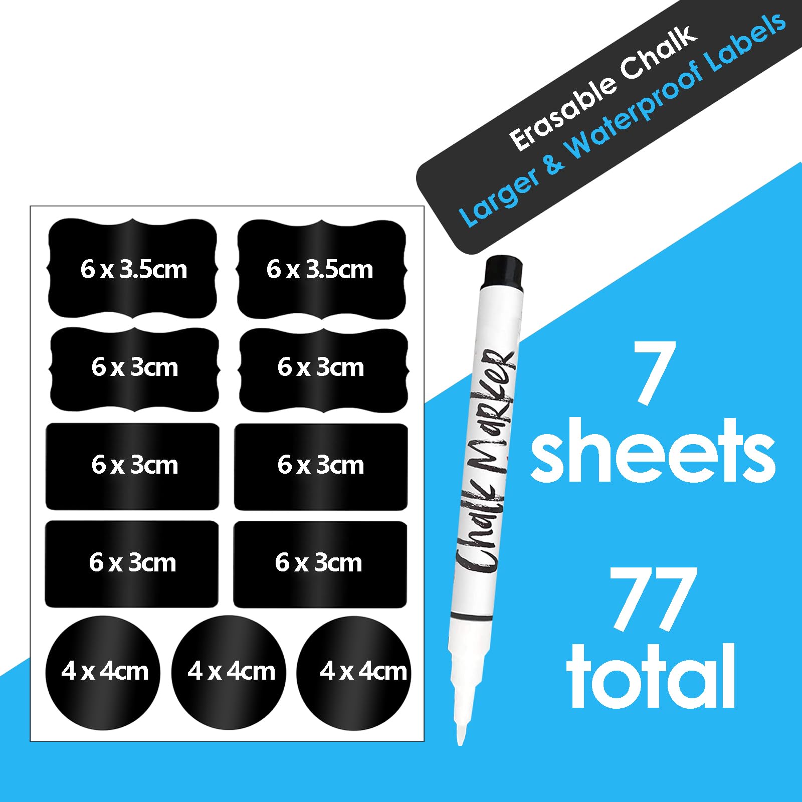 Reusable Waterproof Chalkboard Labels - 77 Pcs Erasable Chalk Sticker Labels with Liquid Chalk Marker for Storage Bins, Food Containers, Jars & Kitchen Organization (3 Shapes, 4 Sizes) - Perfect for Pantry, Office & Classroom Labeling