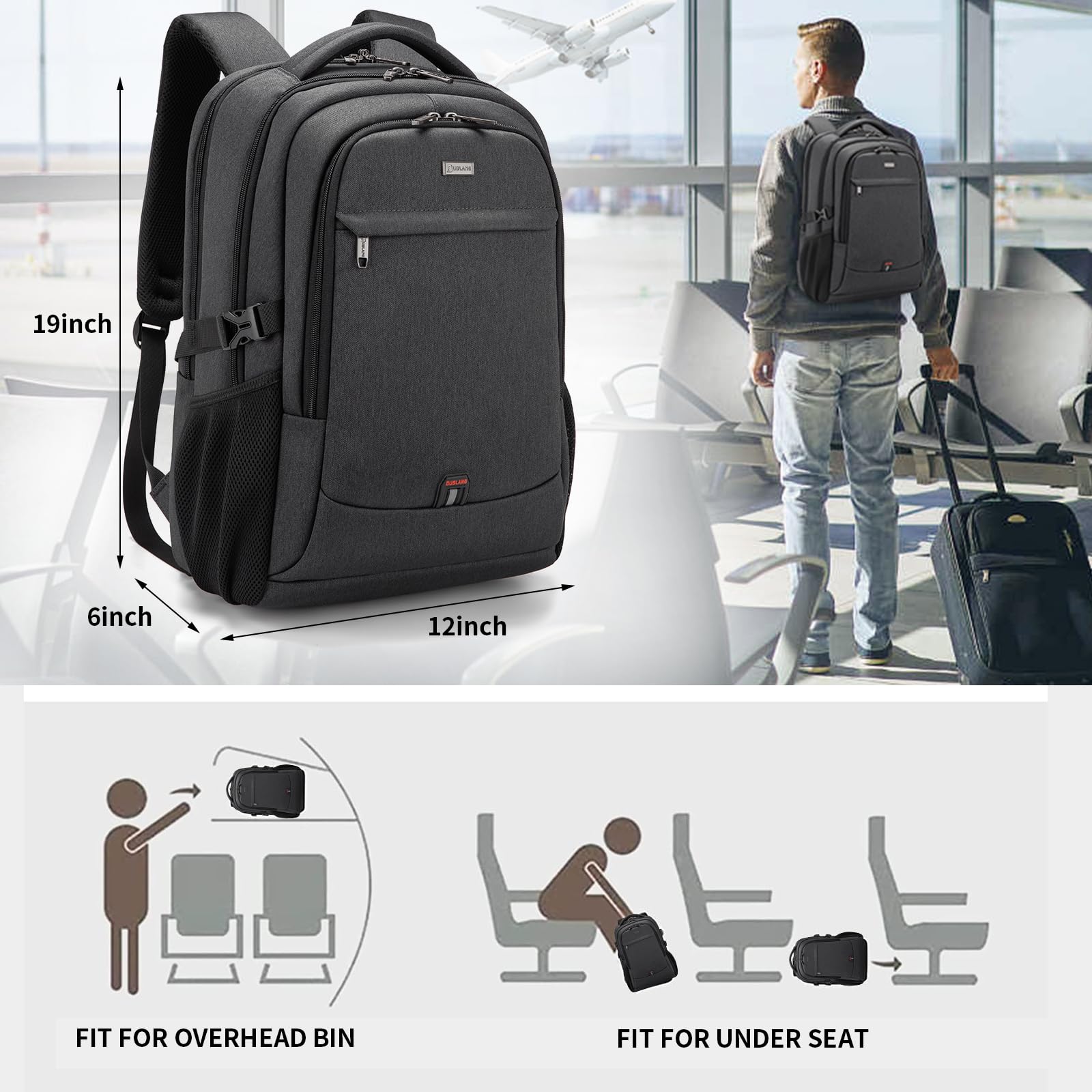 DUSLANG 17 Inch Water Resistant Laptop Backpack for Men & Women - Travel, College & Work Backpack with USB Charging Port - Perfect for Business Trips, Commuting & School (Black)
