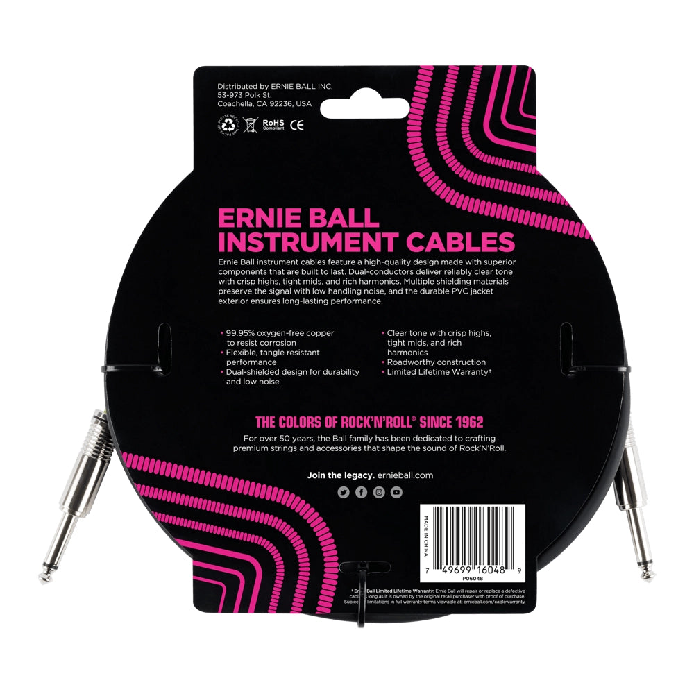 Ernie Ball 10 ft Straight Instrument Cable - High-Quality Black Guitar Cable for Electric Guitar, Bass & Amplifier - Perfect for Live Performances, Studio Recording & Home Practice