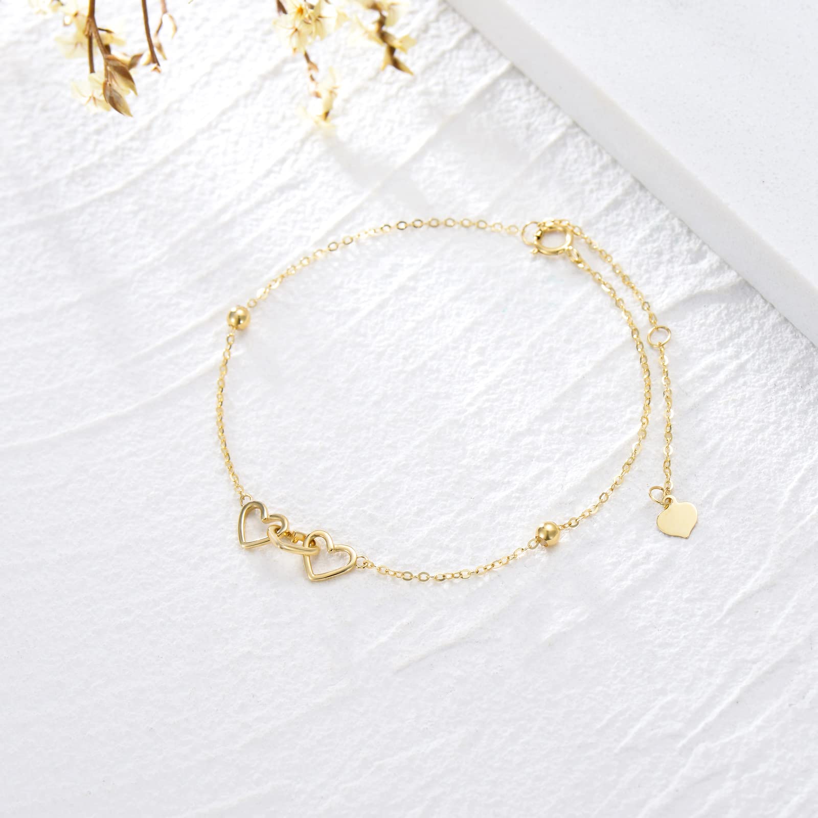 14K Real Gold Heart Beaded Bracelet for Women - Yellow Gold Love Jewelry with Three Hearts, Adjustable 6.5+2 Inch, Perfect Gift for Birthday, Christmas, Anniversary - Ideal for Date Night, Wedding, Special Occasions