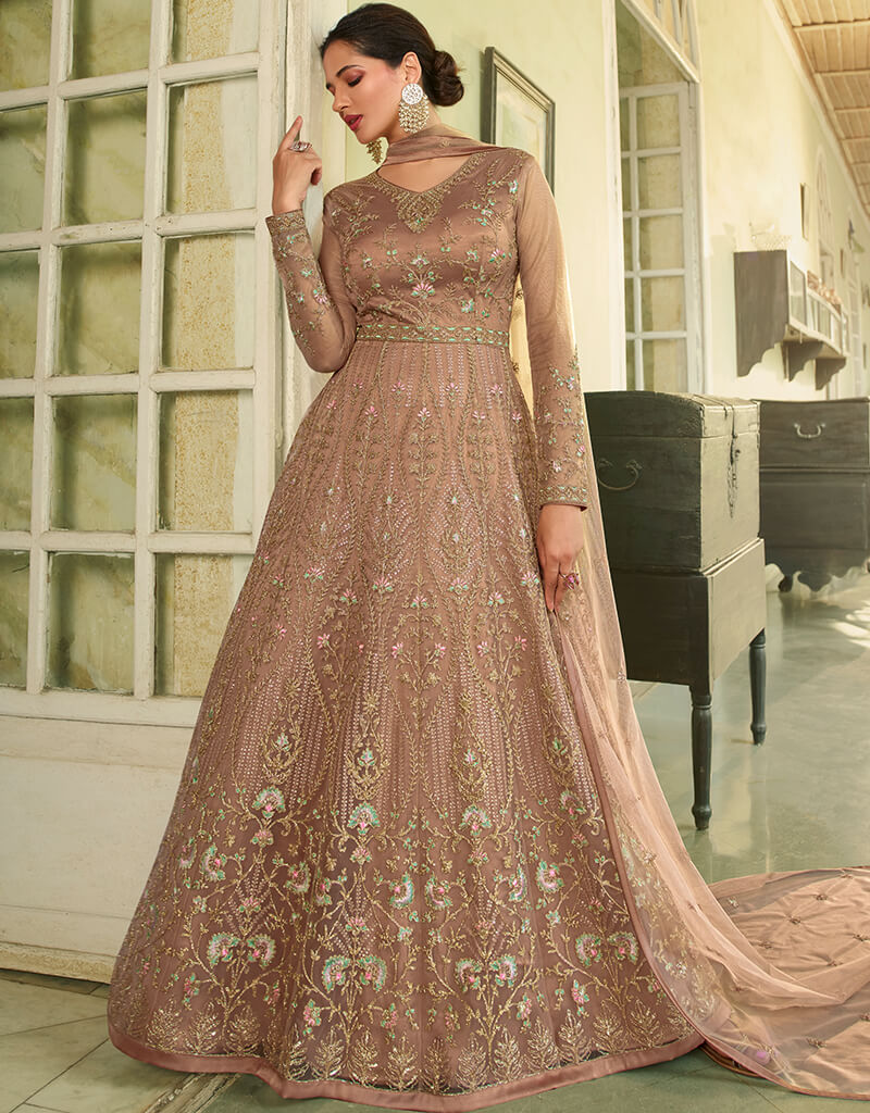 Elegant Beige Anarkali Style Gown Semi-Stitched Suits for Women - Perfect for Weddings, Parties & Festive Occasions