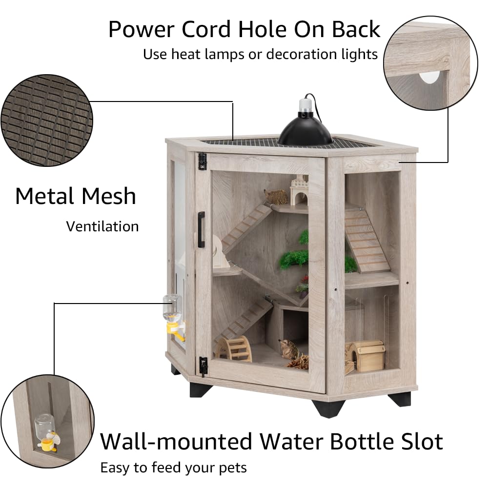 Unipaws Clear Acrylic Small Animal Cage with Ramp & House - Chinchilla, Rat, Hedgehog, Hamster, Mice Habitat - Perfect for Corner Spaces in Home, Office or Classroom