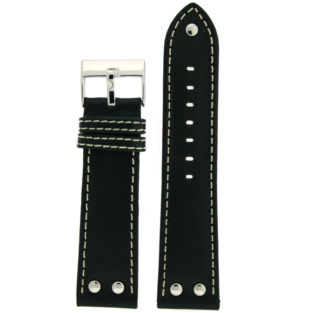 Premium Pilot Watch Band with Silver-Tone Rivets - 24mm Black Leather Strap for Men - Perfect for Aviation Enthusiasts & Everyday Wear