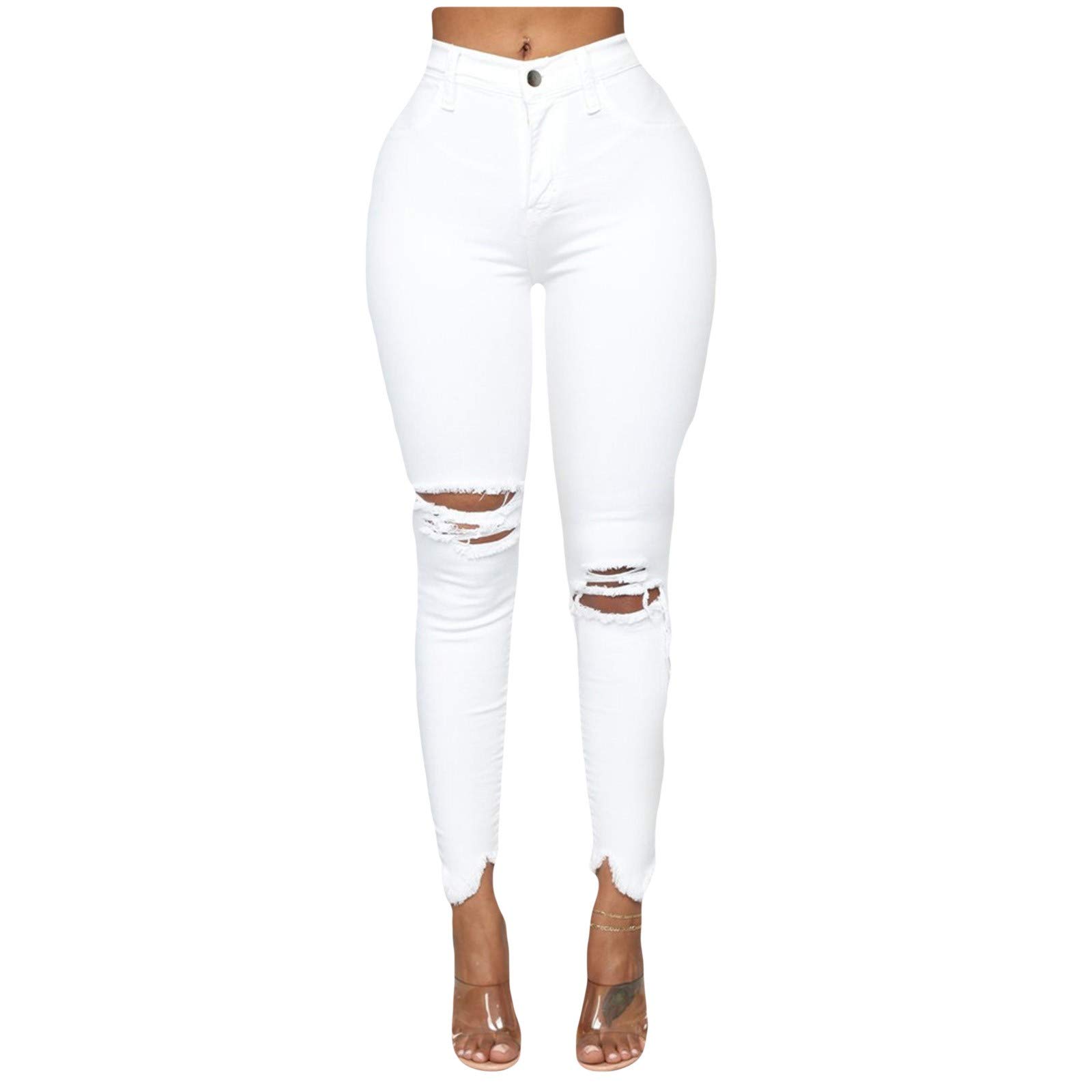 Women's Plus Size Slim Straight Leg Denim Jeans - Ripped Hole Design, Long & Solid Color - Perfect for Casual Wear, Office & Everyday Outfits