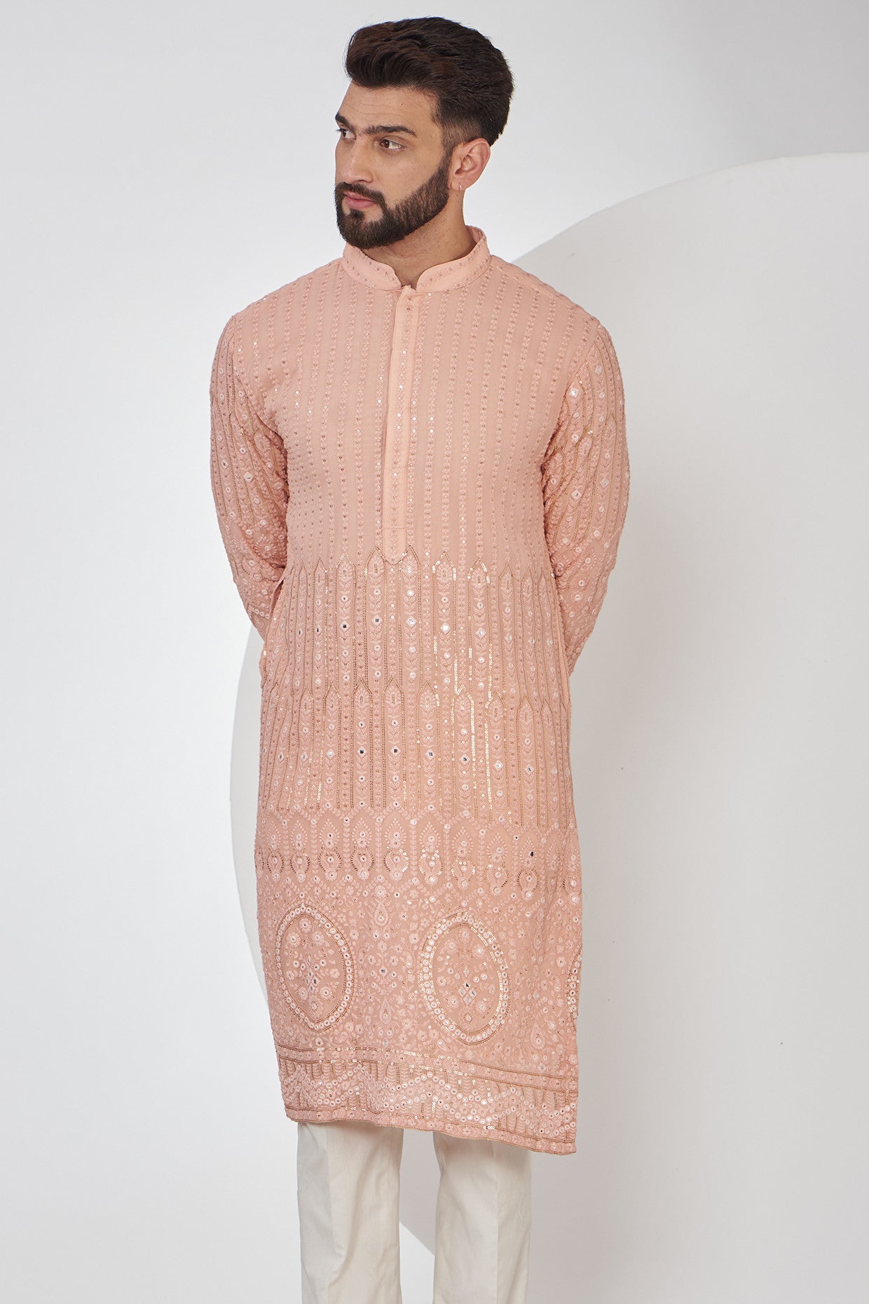Exquisite Peach Chikankari Kurta with Intricate Border Embroidery - Elegant Indian Traditional Wear for Festivals, Weddings & Special Occasions