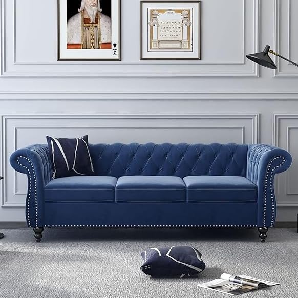 AVZEAR Velvet Chesterfield Sofa - 3 Seater Modern Tufted Couch for Living Room, Classic Blue Fabric Upholstered Furniture | Perfect for Lounge, Home Theater & Apartment Decor