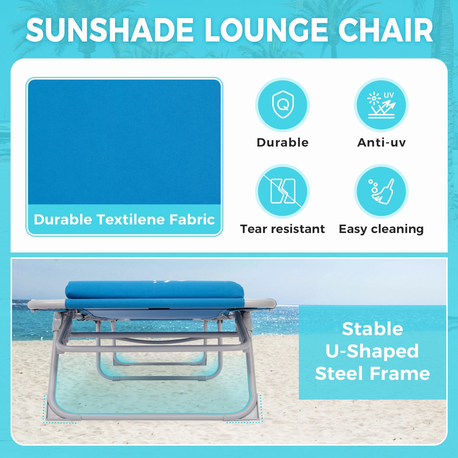 WEJOY Adjustable Folding Chaise Lounge Chair with Canopy Shade & Headrest Pillow - Portable Outdoor Sunbathing Chair for Beach, Pool, Lawn, Camping & Backyard Relaxation | Perfect for Tanning, Lounging & Reading by the Water