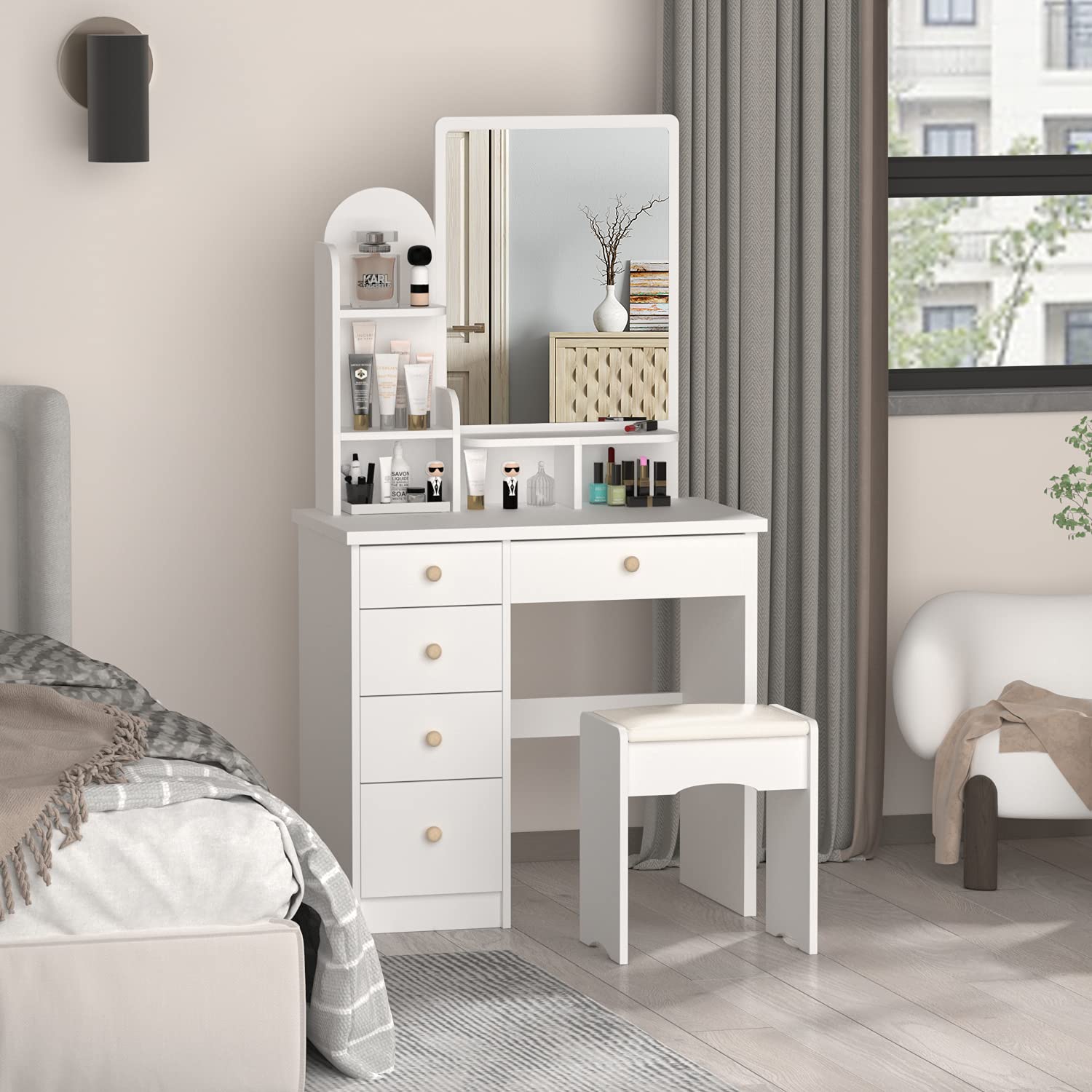 FUFU&GAGA White Vanity Set with Mirror - 5 Drawers Makeup Dressing Table, Shelves & Cushioned Stool Set for Bedroom, Beauty Salon & Home Decor | Elegant Dresser Desk for Women & Girls