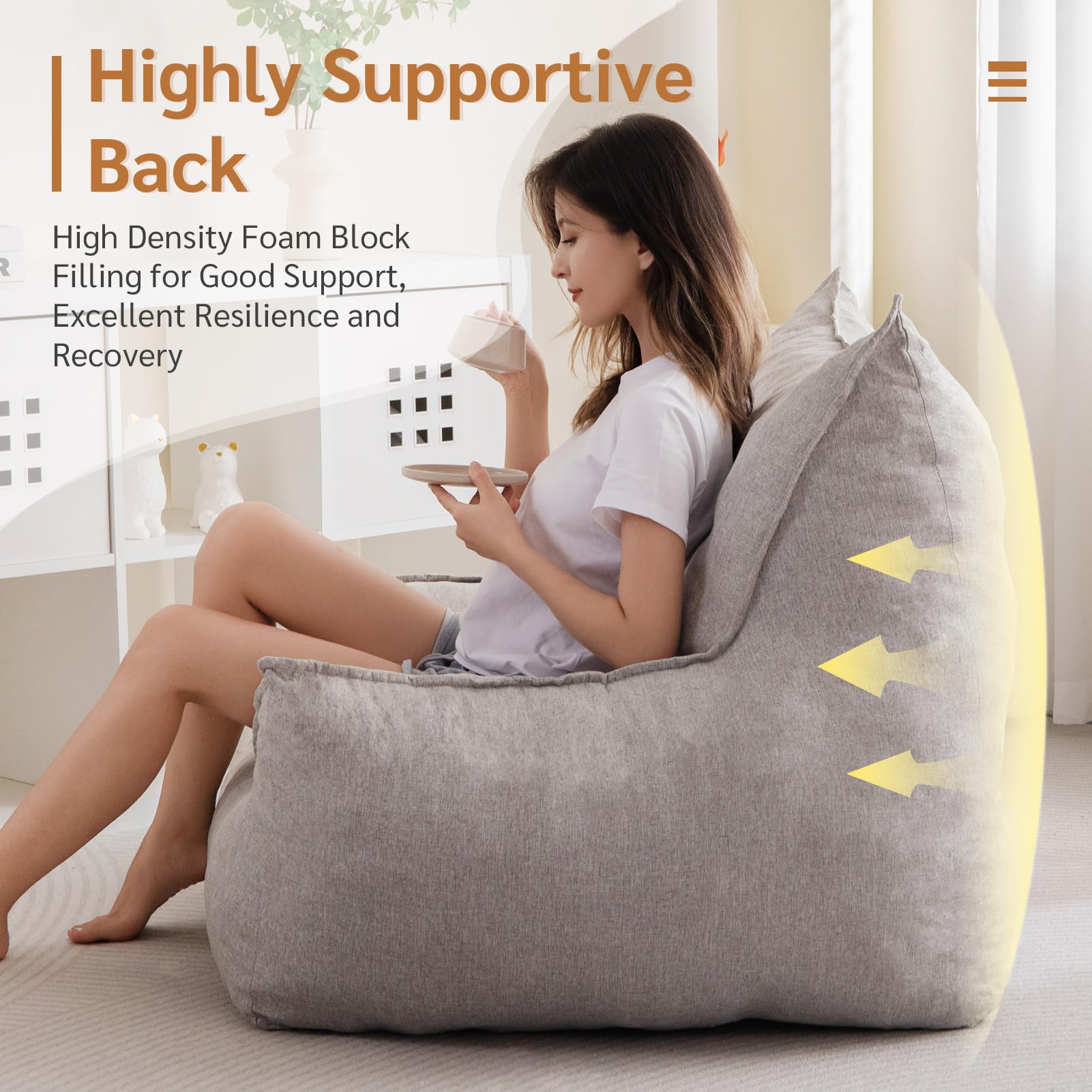 MAXYOYO Extra Large Bean Bag Chair with Armrests - Oversized Memory Foam Bean Bag Sofa for Adults & Teens, Grey - Perfect for Living Room, Bedroom, Game Room & Dorm Relaxation