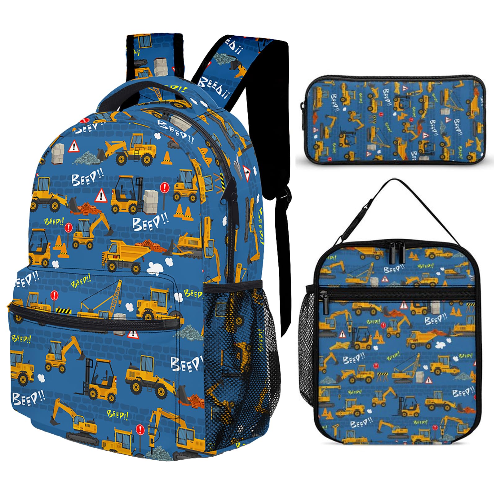 3pcs Cartoon Excavator Backpack Set - Water Resistant 17 Inch Laptop Backpack with Lunch Bag, Large Capacity Multi-Functional Travel Daypack for Kids & Students - Perfect for School, Camping and Outdoor Adventures