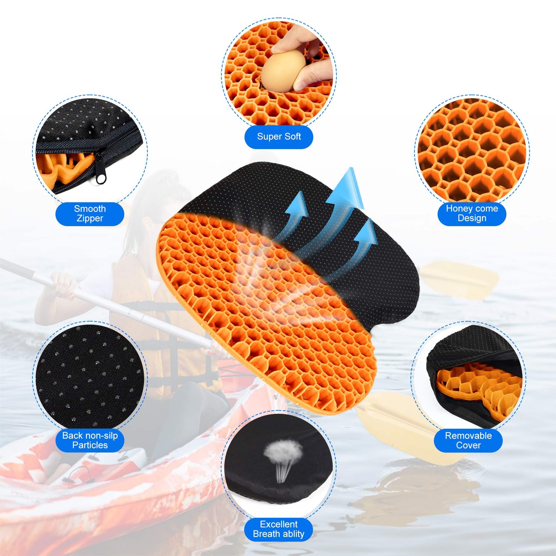Anti-Slip Kayak Seat Cushion - Thick Waterproof Kayak Seat Pad with Non-Slip Cover for Sit-In & Inflatable Kayaks, Canoes & Boats - Comfortable Kayak Accessories for Fishing & Water Sports