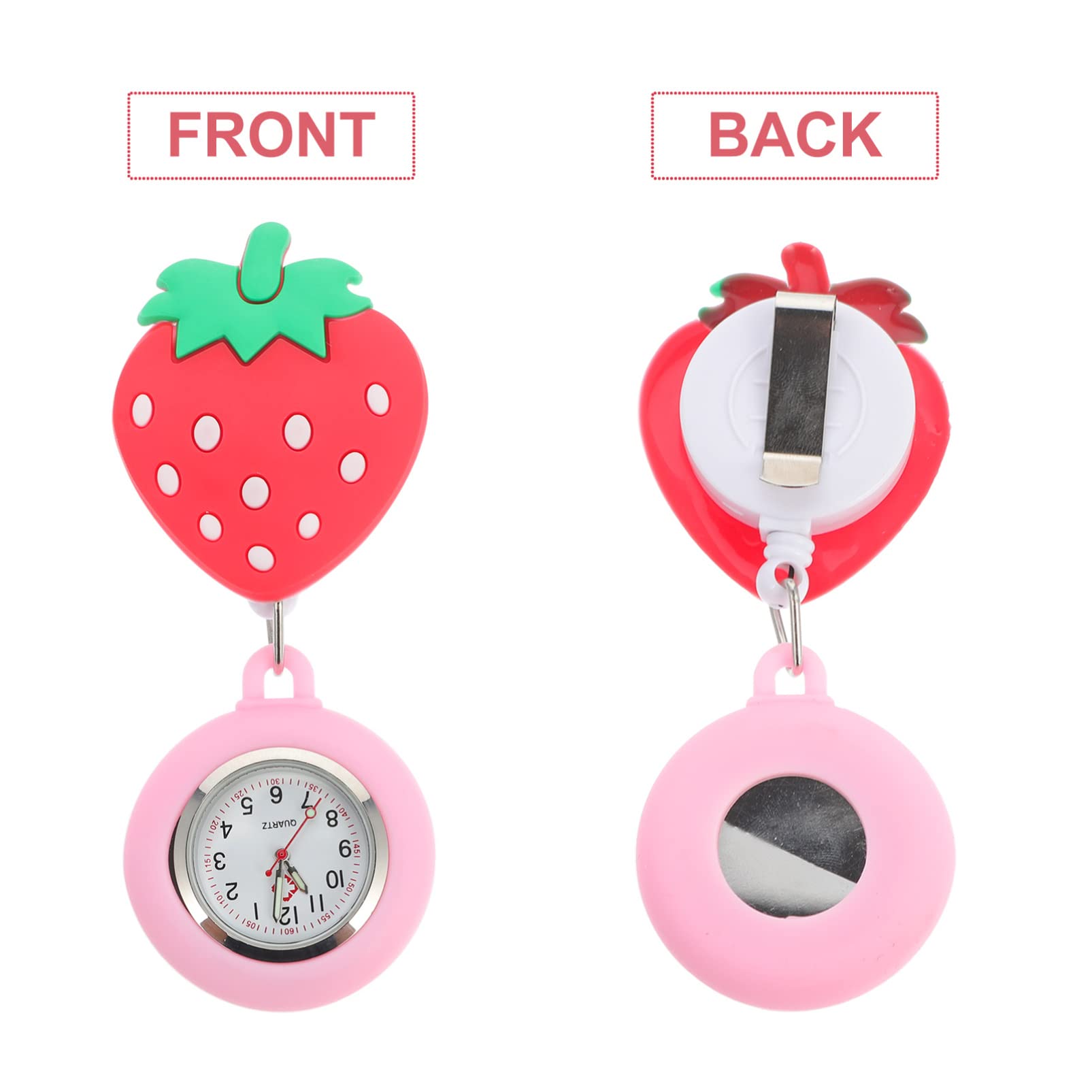 Hemobllo Retractable Pocket Watch - Cartoon Strawberry Design, Portable Hanging Lapel Watch for Doctors & Nurses (Ideal for Medical Professionals, Hospital Shifts & Clinical Use)