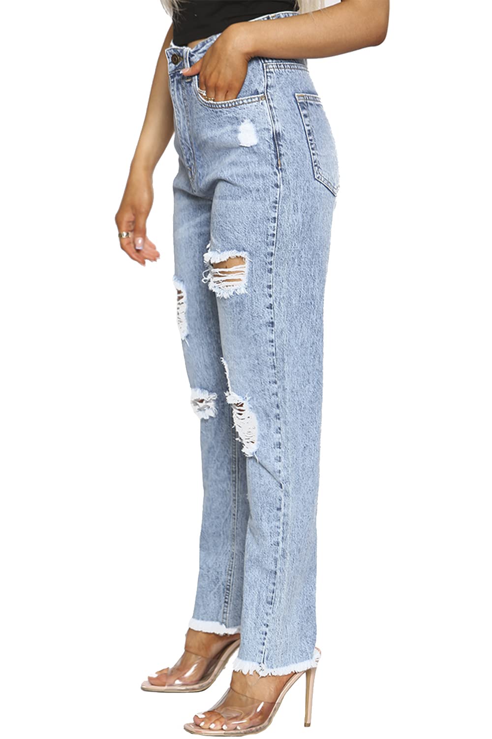 Fashion Star Women's Ripped Distressed High Waisted Faded Wide Leg Denim Skinny Jeans - Blue X-Small (UK 6) | Trendy Vintage Style for Casual Outfits, Streetwear & Everyday Wear