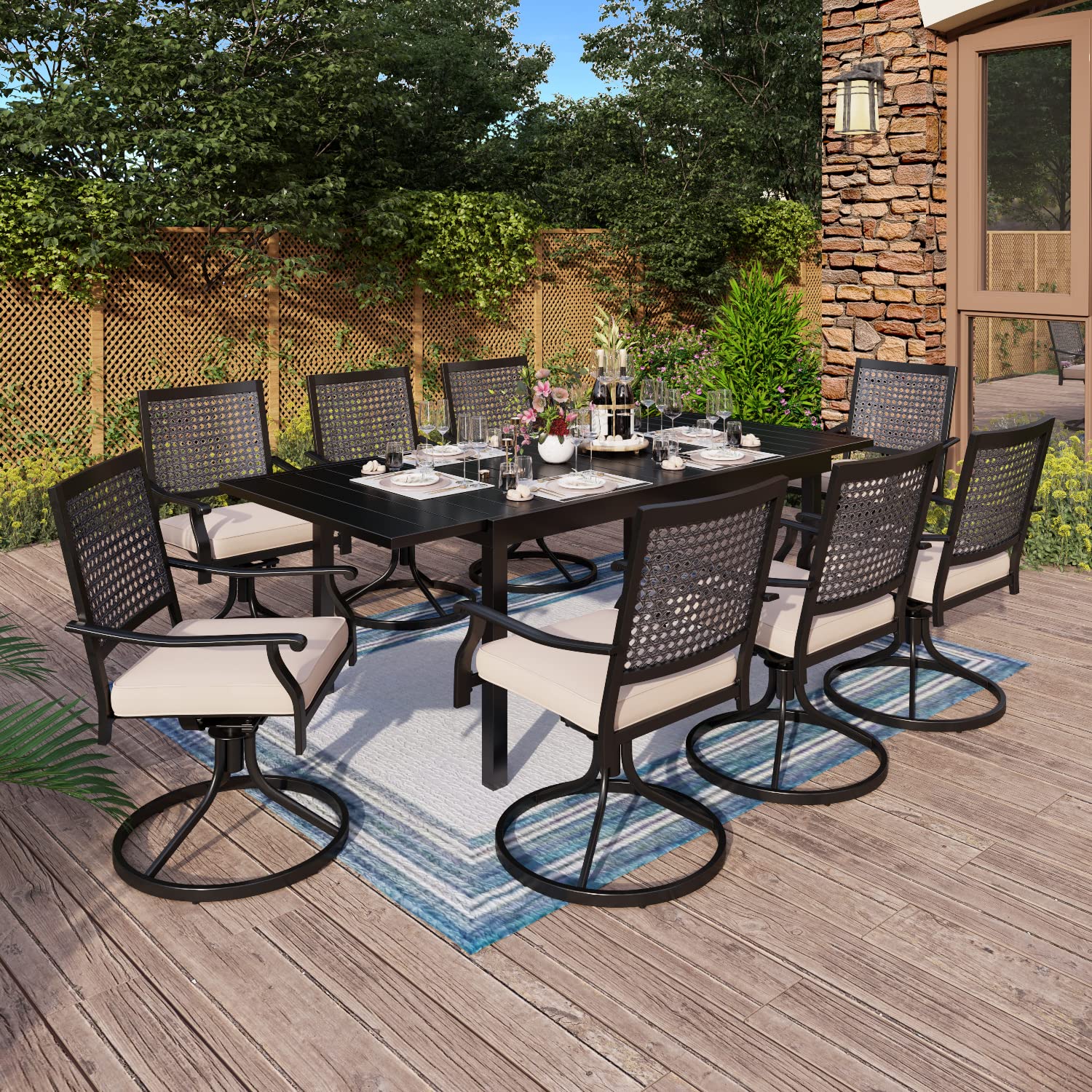MFSTUDIO 9-Piece Outdoor Patio Dining Set with 8 Swivel Metal Mesh Chairs (Cushions Included) & 1 Expandable Rectangle Table - Durable Garden Furniture for Backyard, Poolside, and Restaurant Outdoor Seating