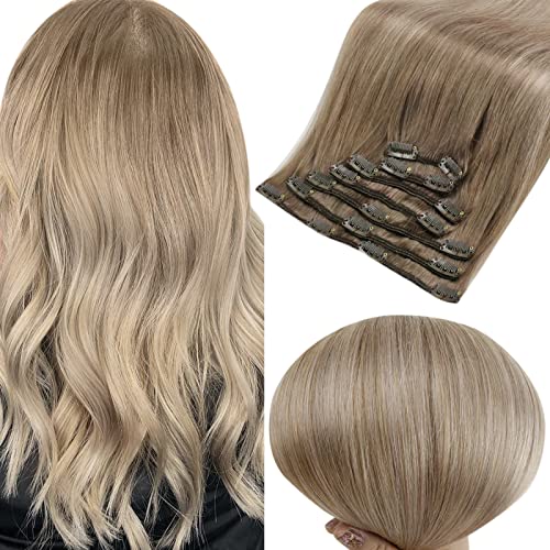 Fshine 24 Inch Clip In Hair Extensions - Ash Brown to Platinum Blonde Balayage Human Hair (100g, 7pcs) | Natural Look for Daily Wear, Parties & Special Occasions