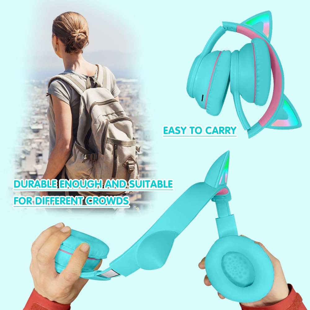 **MIDOLA Cat Ear Wireless Bluetooth Headphones 5.3 with LED Lights - 60H Playtime, Foldable Over-Ear Gaming Headset with Mic for PC, Laptop, Tablet, Phone - Perfect for Gaming, Music & Streaming (Cyan)**