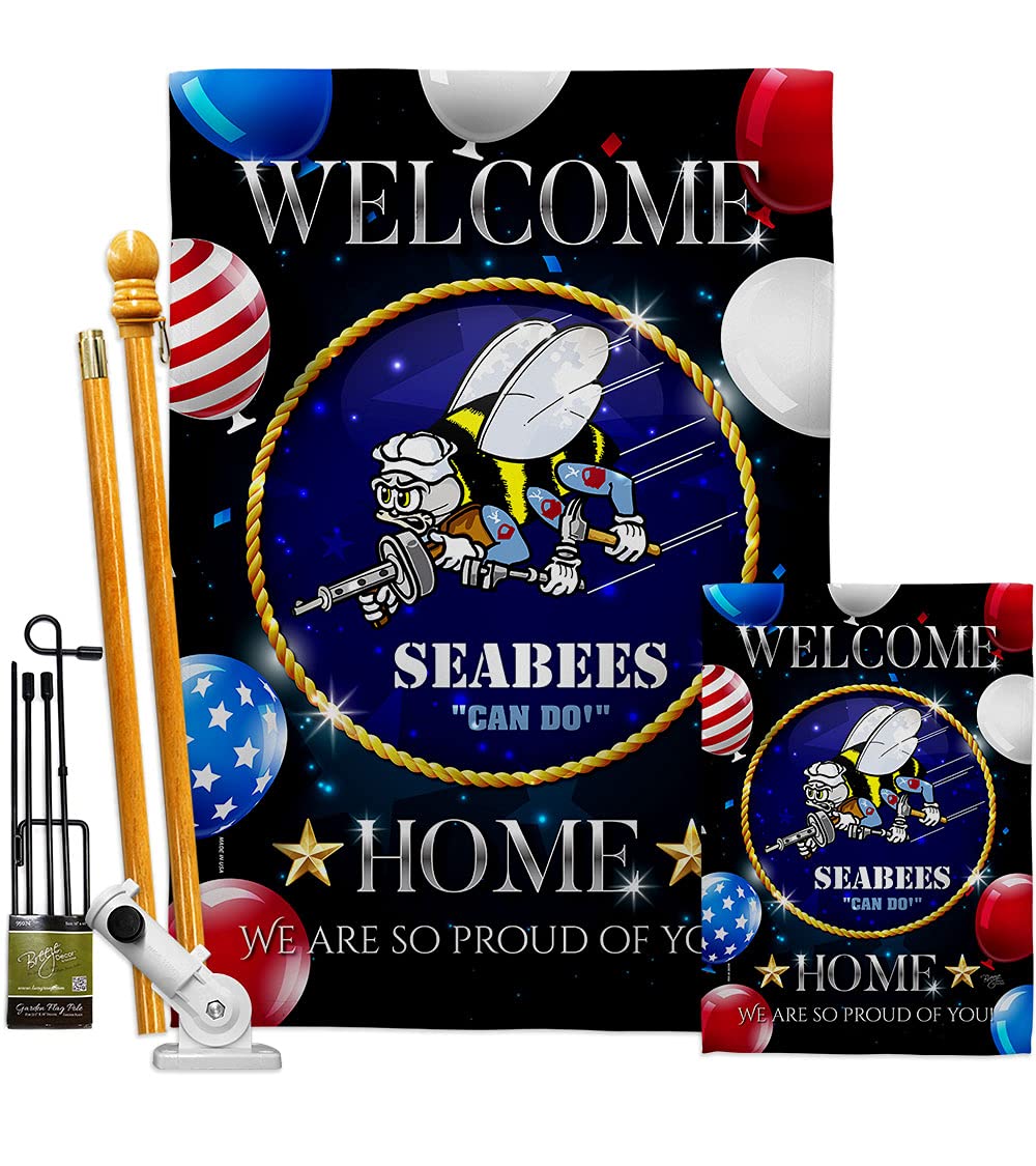 Navy Welcome Home Seabee Garden House Flags Kit - Double-Sided 28x40 Inch US Military Veteran Yard Banner - Armed Forces USN Patriotic Decor Made in USA - Perfect for Front Yard, Porch & Military Homecoming Celebrations
