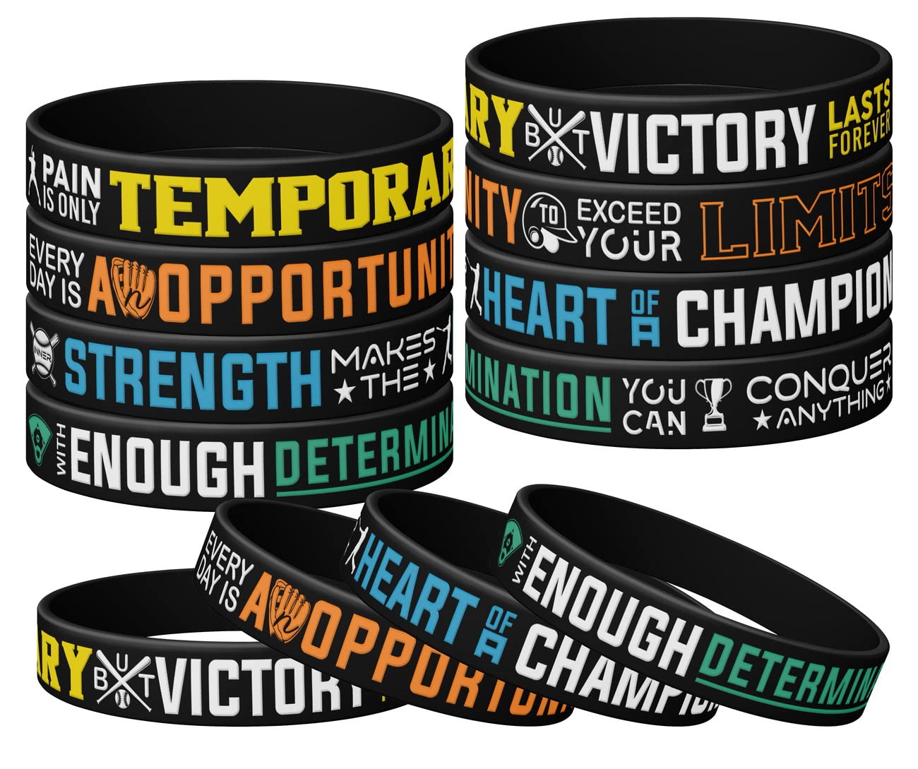 Baseball Silicone Bracelets - 12 Pack Motivational Sports Wristbands for Boys & Girls - Unisex Baseball Party Favors, Team Gifts & Inspirational Jewelry Accessories - Perfect for Birthday Parties, Sports Events & Team Motivation