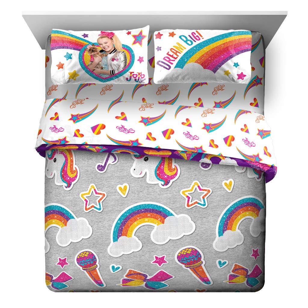 Nickelodeon JoJo Siwa Rainbow Sparkle 7-Piece Queen Bedding Set - Reversible Comforter & Sheet Set - Ultra Soft Fade Resistant Microfiber - Official Licensed Product for Girls' Bedroom Decor & Sleepover Parties