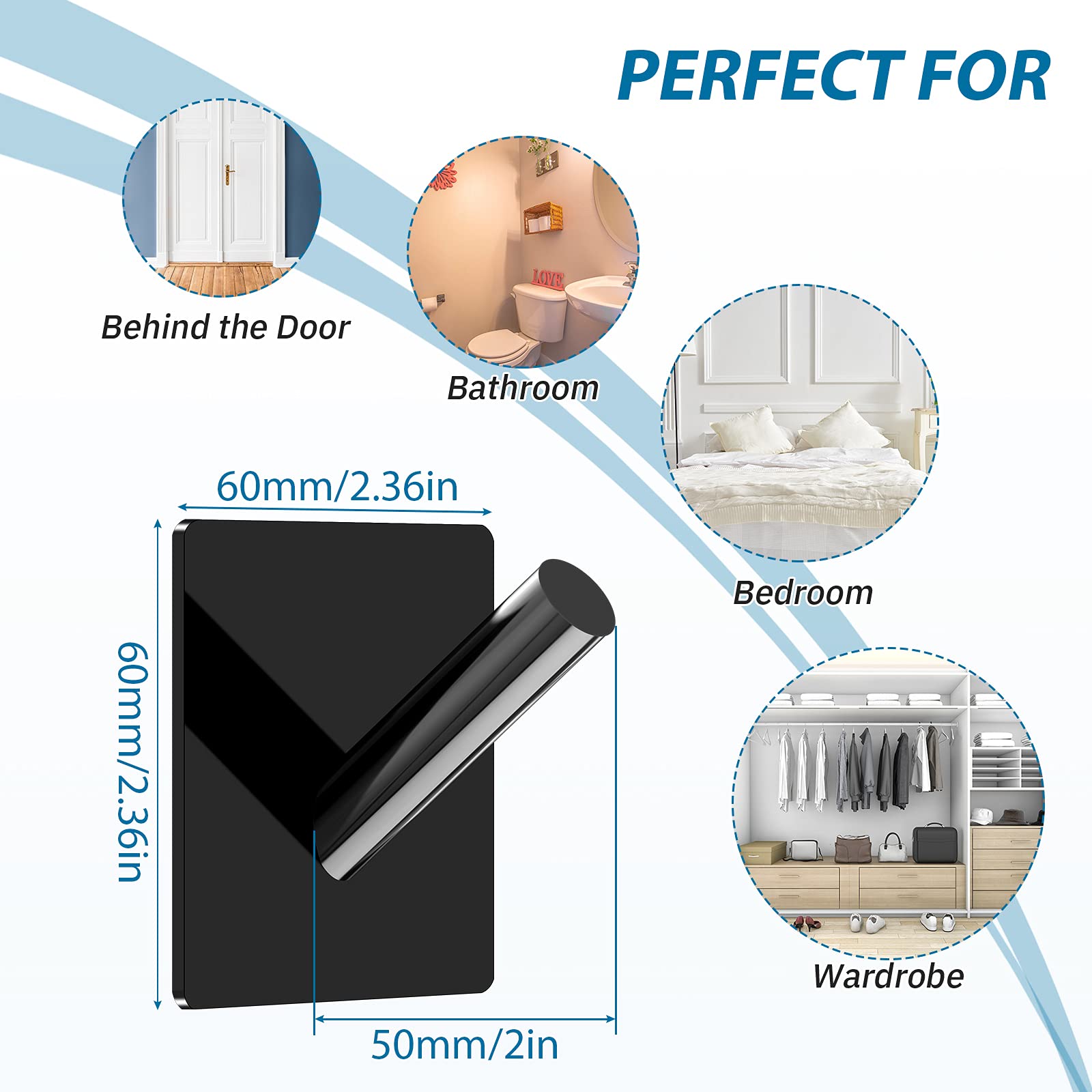 Jetec 6-Piece Clear Acrylic Wall Hat Hooks - Self-Adhesive Coat & Robe Hangers for Bathroom, Kitchen, Bedroom - Perfect for Organizing Hats, Towels, Clothes & More (Black)