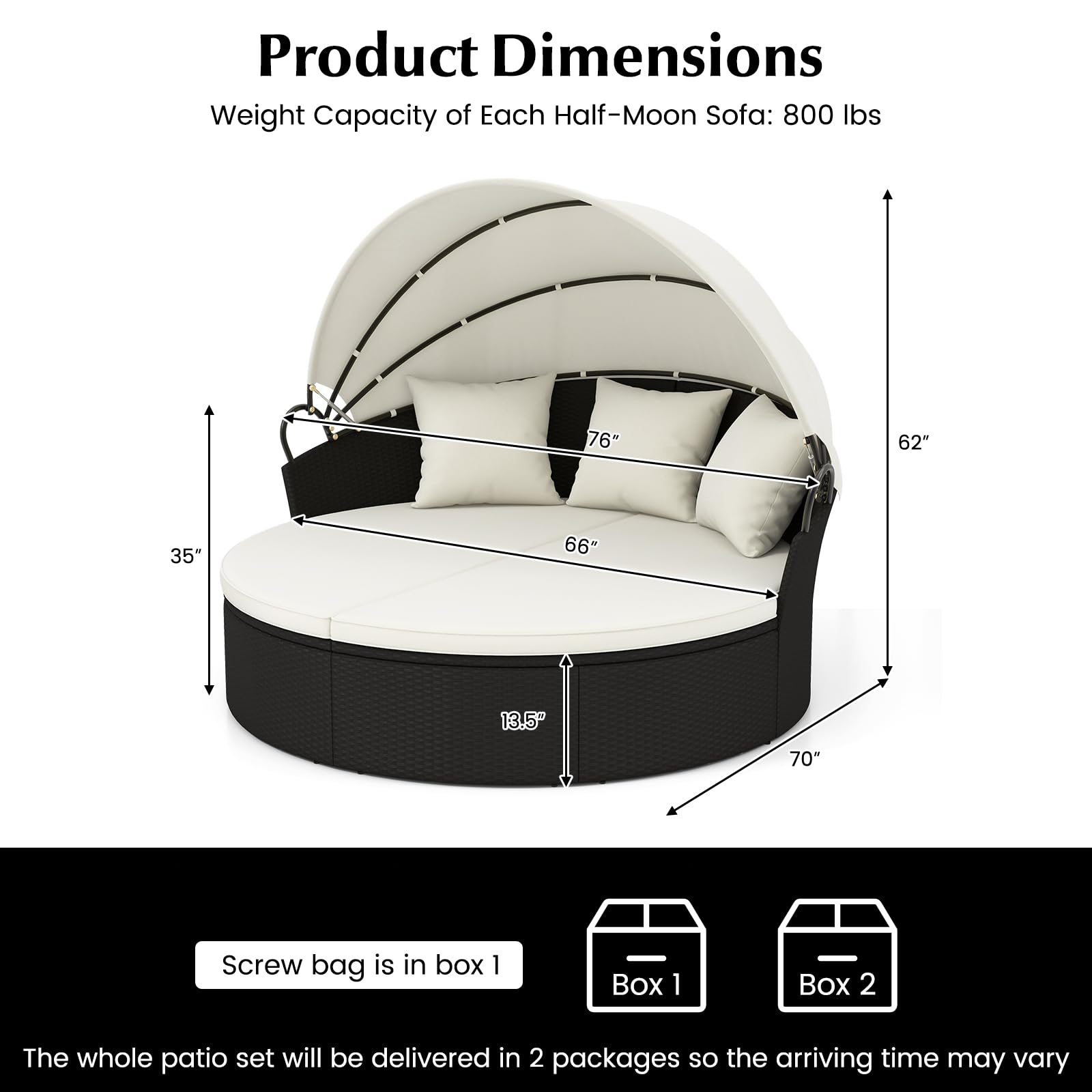 Tangkula Outdoor Patio Round Daybed with Retractable Canopy - Black Rattan Wicker Sectional Sofa with Cushions & Pillows - Backyard Lounge Furniture for Poolside, Garden, or Deck (Off White)