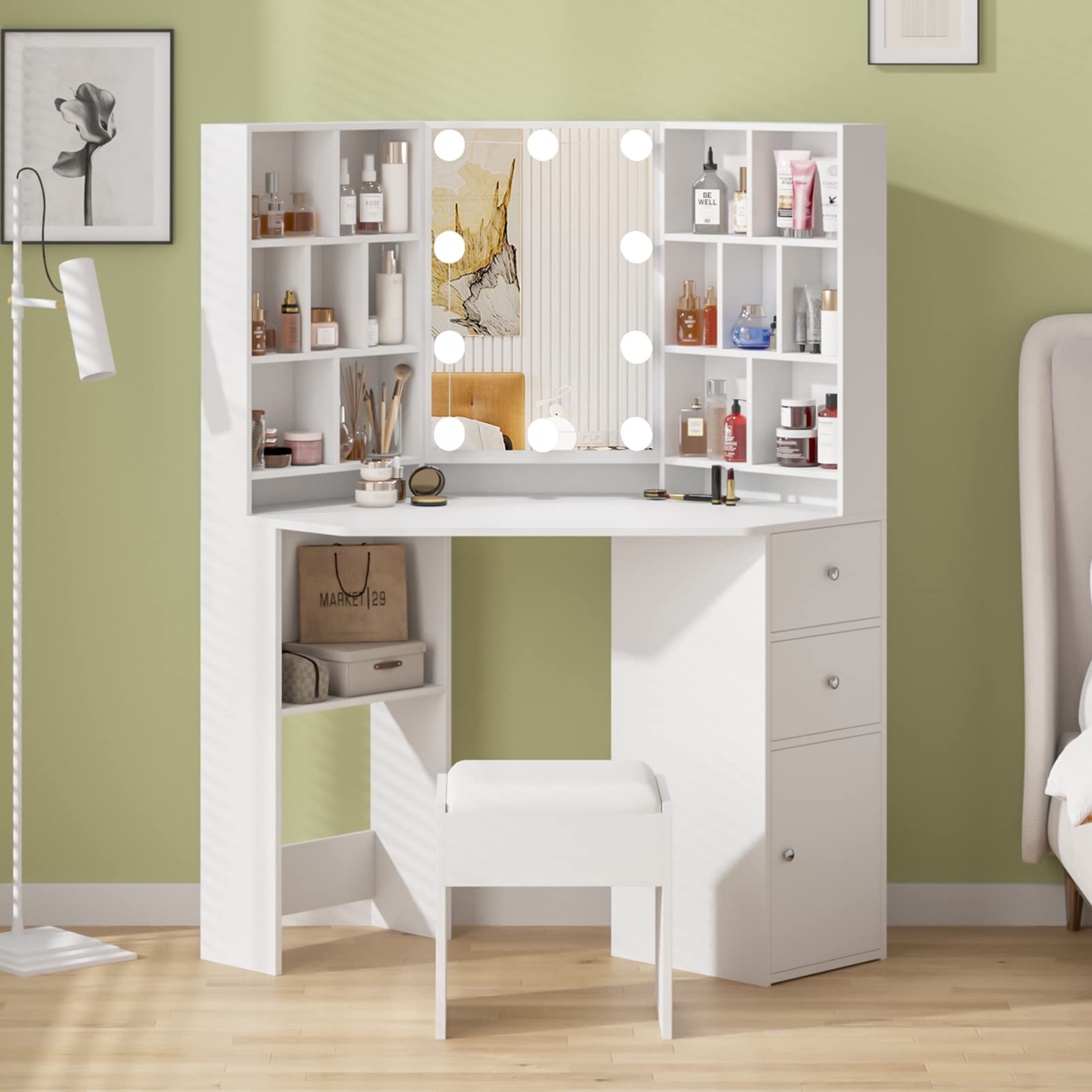 Fameill White Corner Makeup Vanity Desk with LED Lighted Mirror - 46 Inch Dressing Table with 3 Adjustable Lighting Modes & Ample Storage for Bedroom - Perfect for Makeup Application, Skincare Routine, and Home Decor