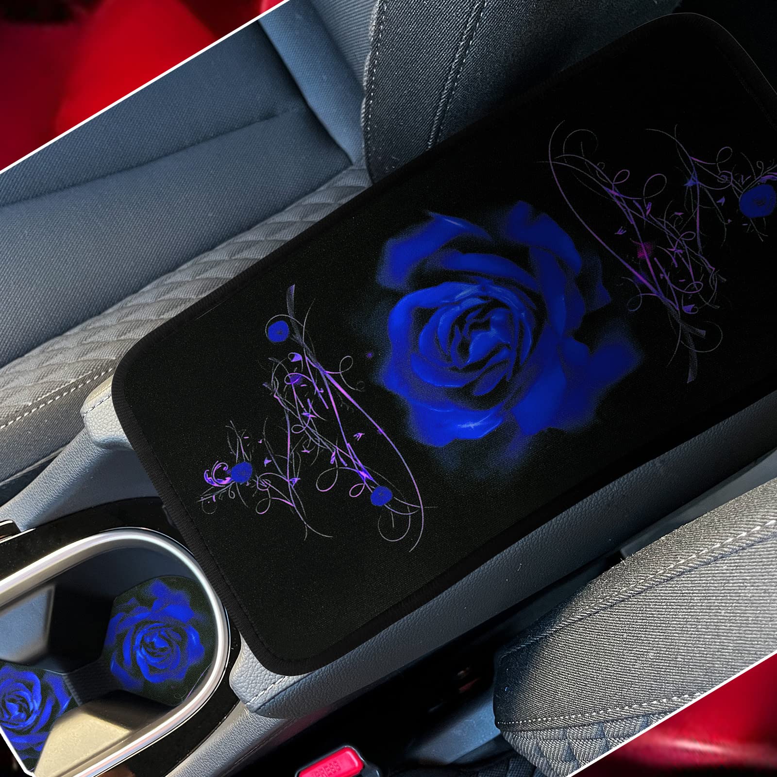 15-Piece Rose Flower Car Seat Covers Set for Women - Universal Fit with Rubber Steering Wheel Cover, Armrest & Seatbelt Covers - Front & Rear Backrest Protection - Soft Polyester Fabric (Blue) - Perfect for Daily Commute, Road Trips & Car Interior Decoration