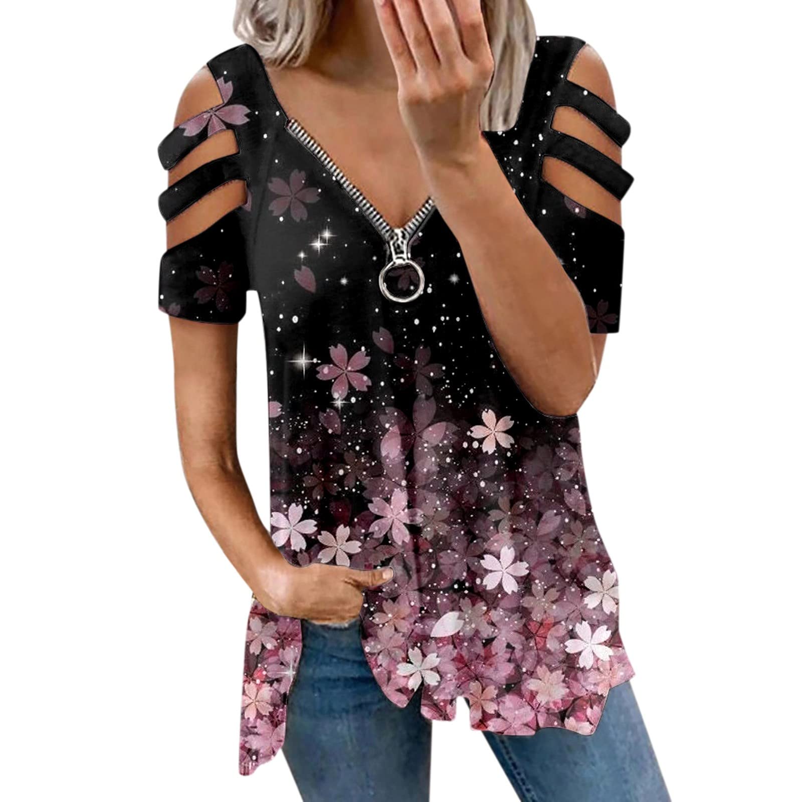 Women's Floral Print Off-The-Shoulder Short Sleeve T-Shirt - Summer Casual Loose Fit Blouse for Women | Beach Vacation, Date Night & Outdoor Party Outfits