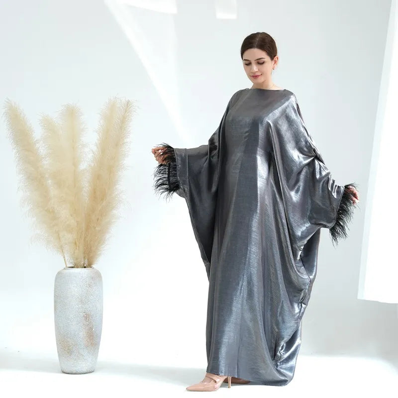 Elegant Muslim Women's Feather Sleeve Abaya Dress - Soft Nylon Cotton Blend - Perfect for Prayer, Eid Celebrations & Modest Fashion