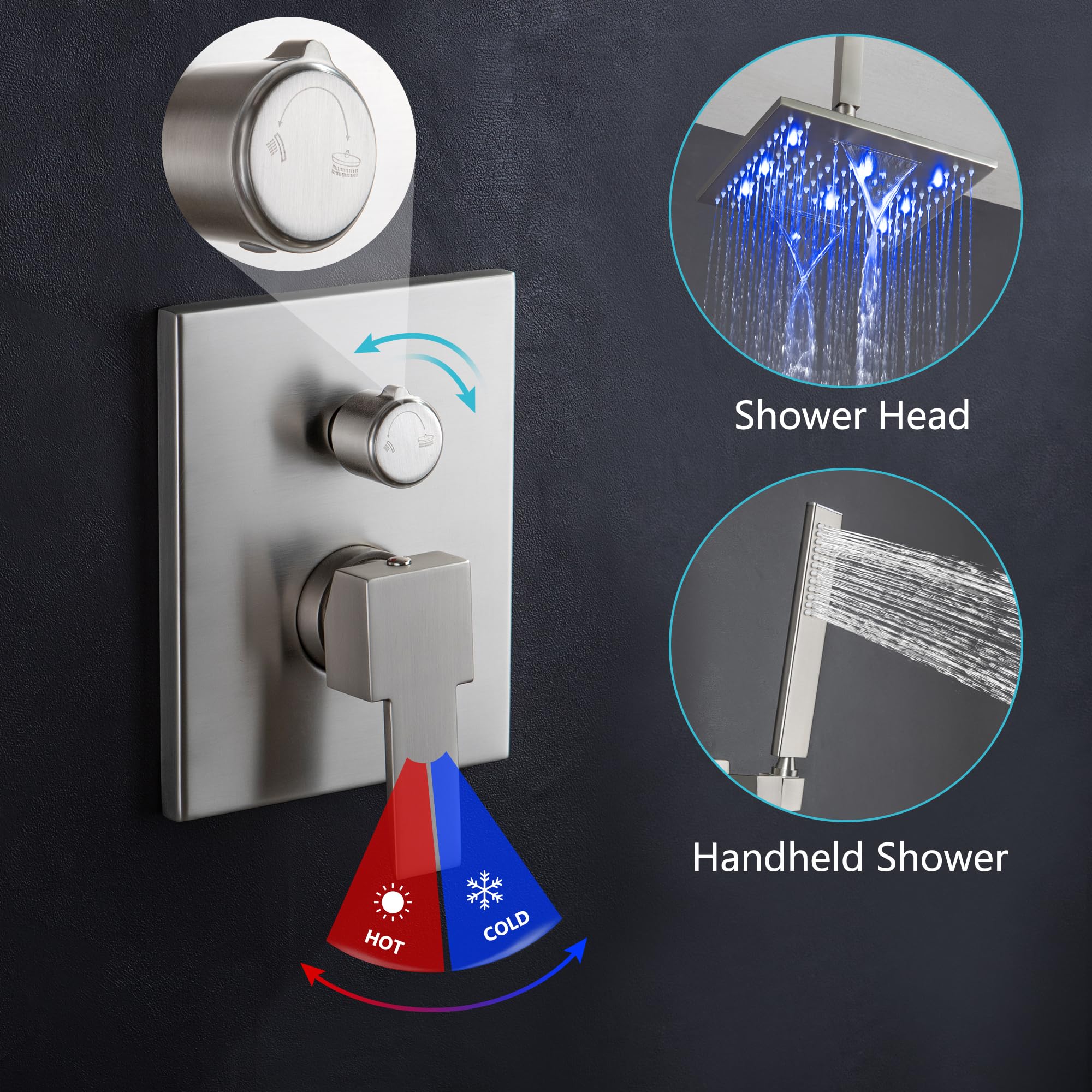 SKOWLL Ceiling Mounted Shower System - 2 Function Shower Control Valve with High Pressure Shower Head & Handheld Spray Combo in Polished Chrome - Perfect for Modern Bathrooms & Spa-Like Shower Experience