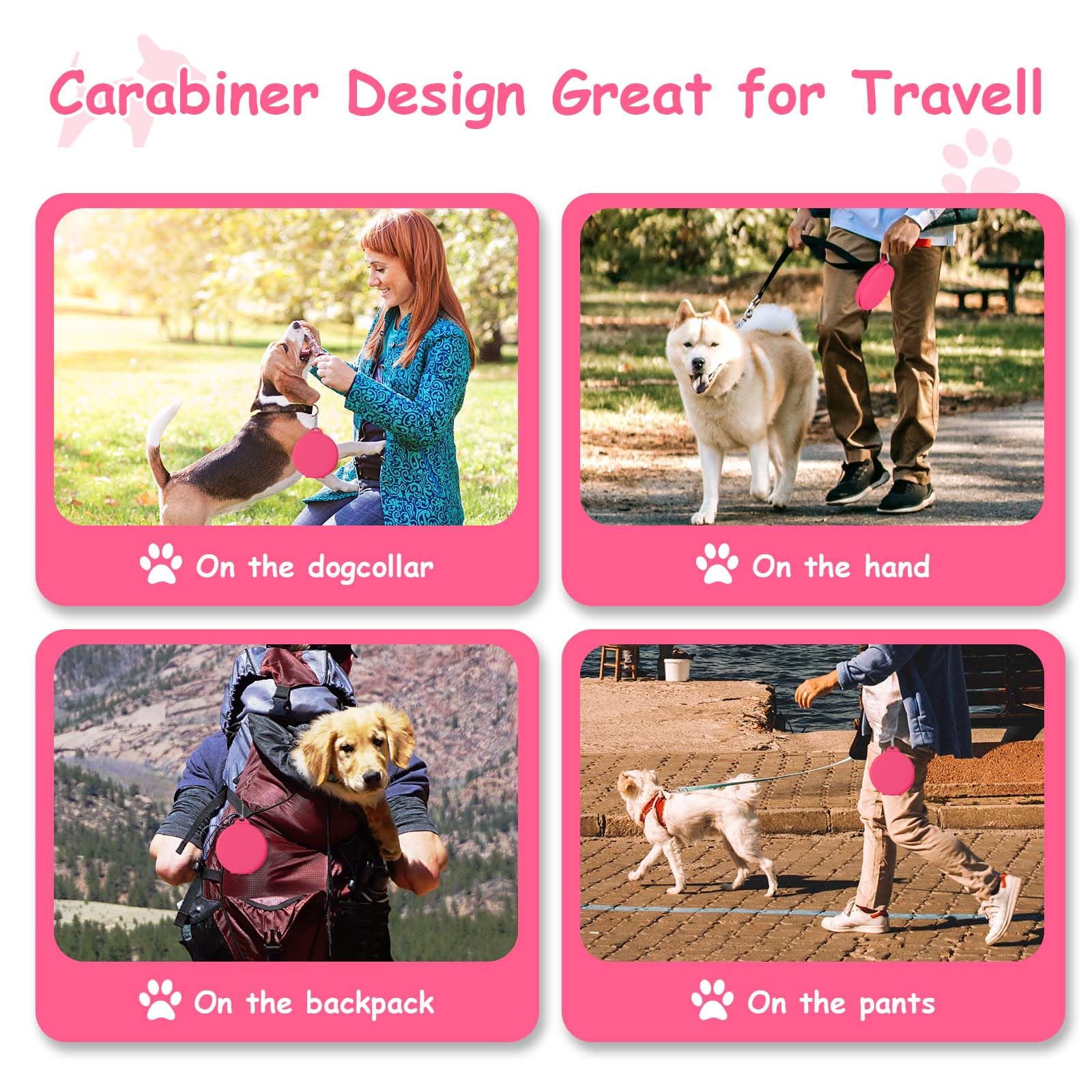 Foldable Collapsible Dog Water Bowl - 2 in 1 Portable Pet Food and Water Dish for Cats & Dogs with Carabiner Clip - Perfect for Travel, Hiking, Camping, Walking, Outdoor Adventures (Pink)
