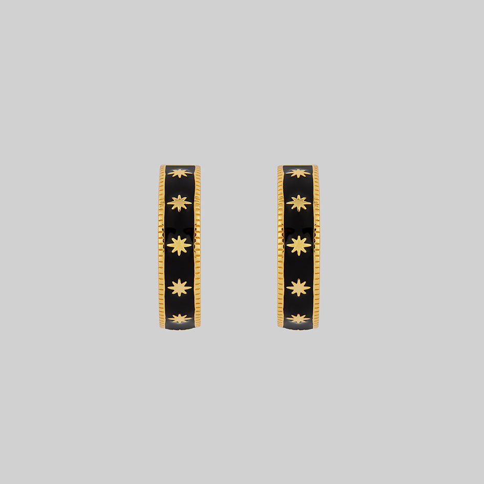 VYVIAN Tiny Stars Black Enamel Hoop Earrings - Gold Plated Dainty Jewelry for Women, Girls | Perfect for Everyday Wear, Date Night & Gift Giving