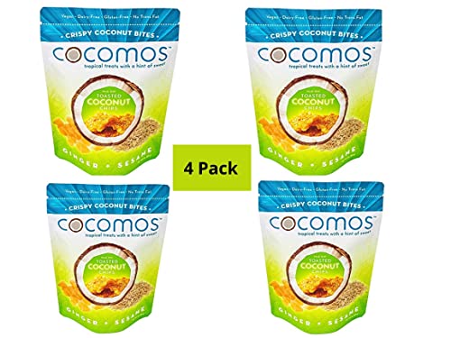 COCOMOS Tropical Coconut Snacks with Ginger & Sesame Seeds - Plant Based, Gluten Free, Vegan, Low-Calorie, No Trans Fat, Healthy Snack (4 Pack) | Perfect for On-the-Go, Office, Travel & Keto Diet