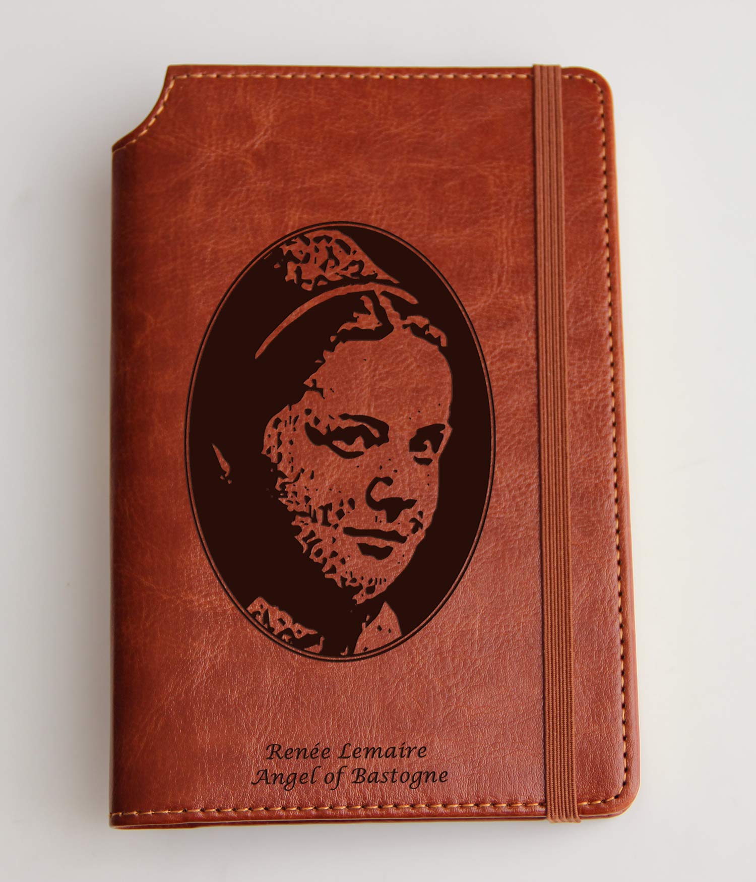 Renée Lemaire Angel of Bastogne Custom Engraved Leather Journal - Personalized Notebook with Matching Color Closure Strip - Perfect for Writing, Sketching & Gift Giving
