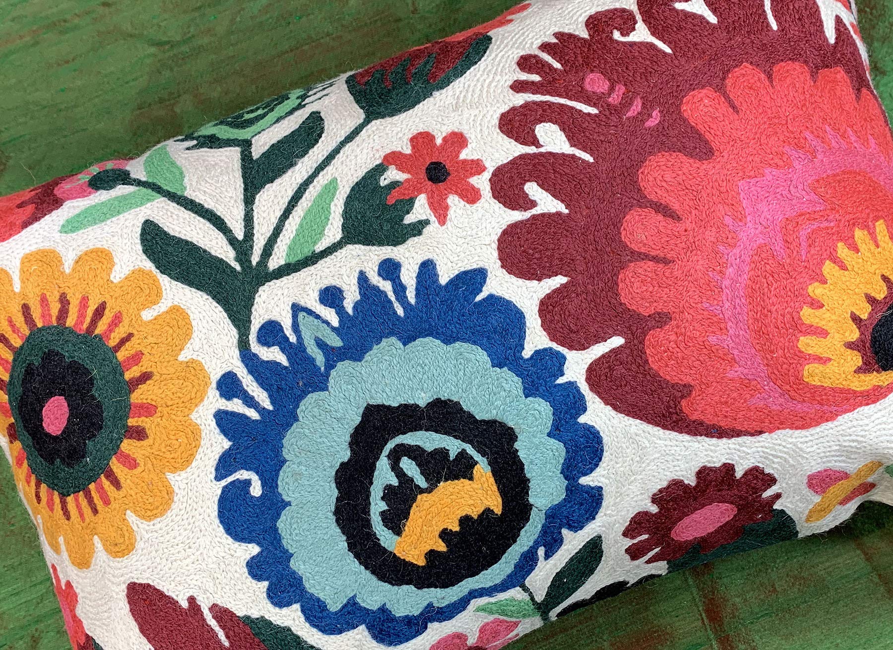 Hand Embroidered Wool Lumbar Pillow Cover 14x20 Inch - Floral Polish Flower Design for Accent Chairs, Modern Farmhouse Sofa & Couch Cushions | Perfect for Living Room Decor, Bedroom Throw Pillows & Cozy Home Styling