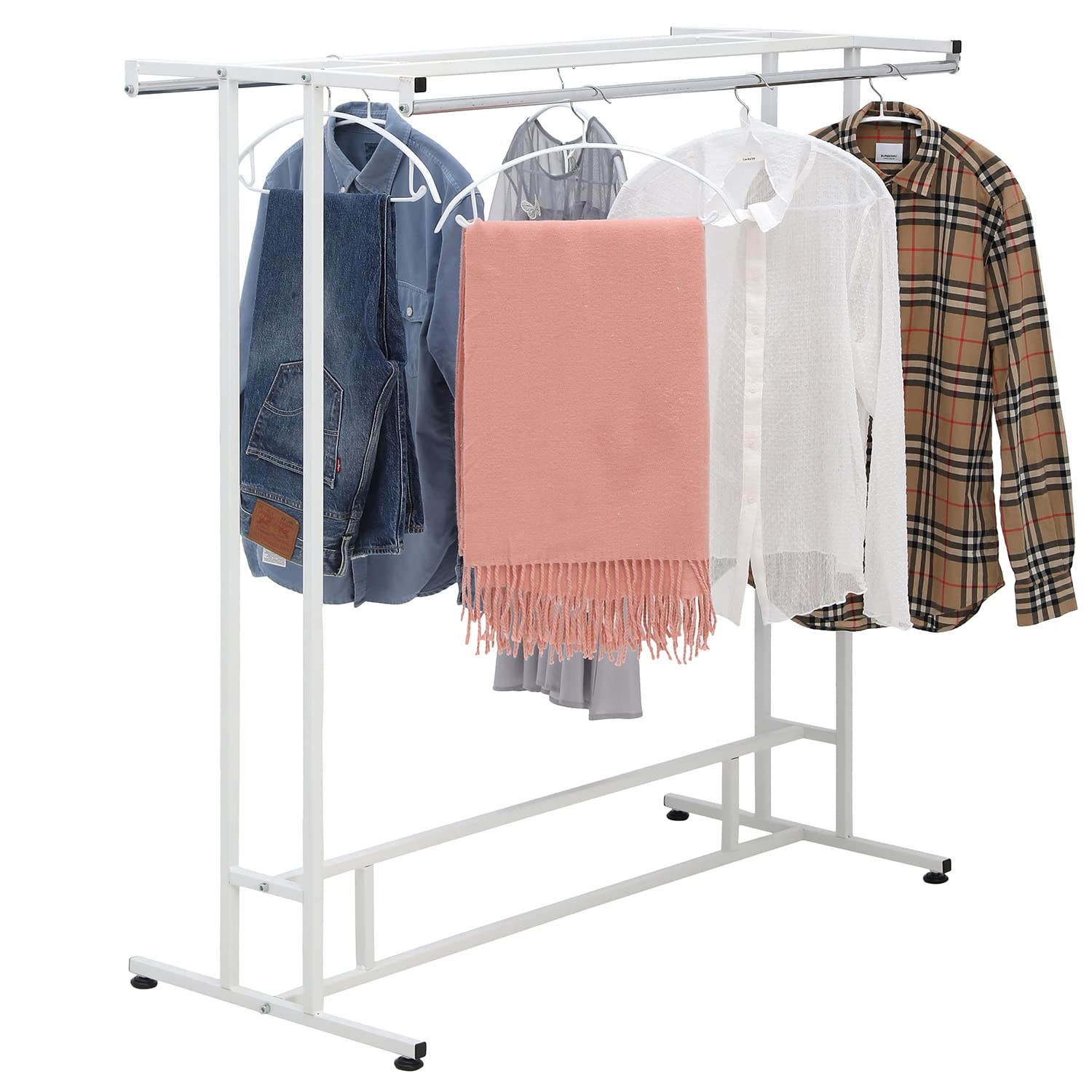 MyGift White Stainless Steel Freestanding Garment Rack - Heavy Duty Double Rod Clothes Hanger Stand with Storage Shelf | Perfect for Bedroom Closet Organization, Retail Store Display & Laundry Room Storage