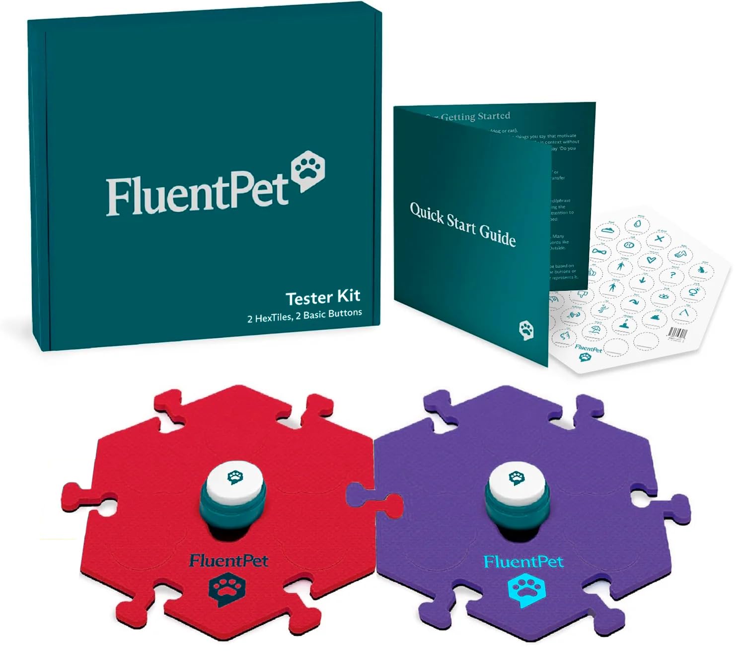 FluentPet Basic Tester Kit - 2 Dog Talking Buttons with Pre-Installed Batteries & 2 HexTiles | Pet Communication Buttons for Training & Bonding | Perfect for Home, Park & Vet Visits
