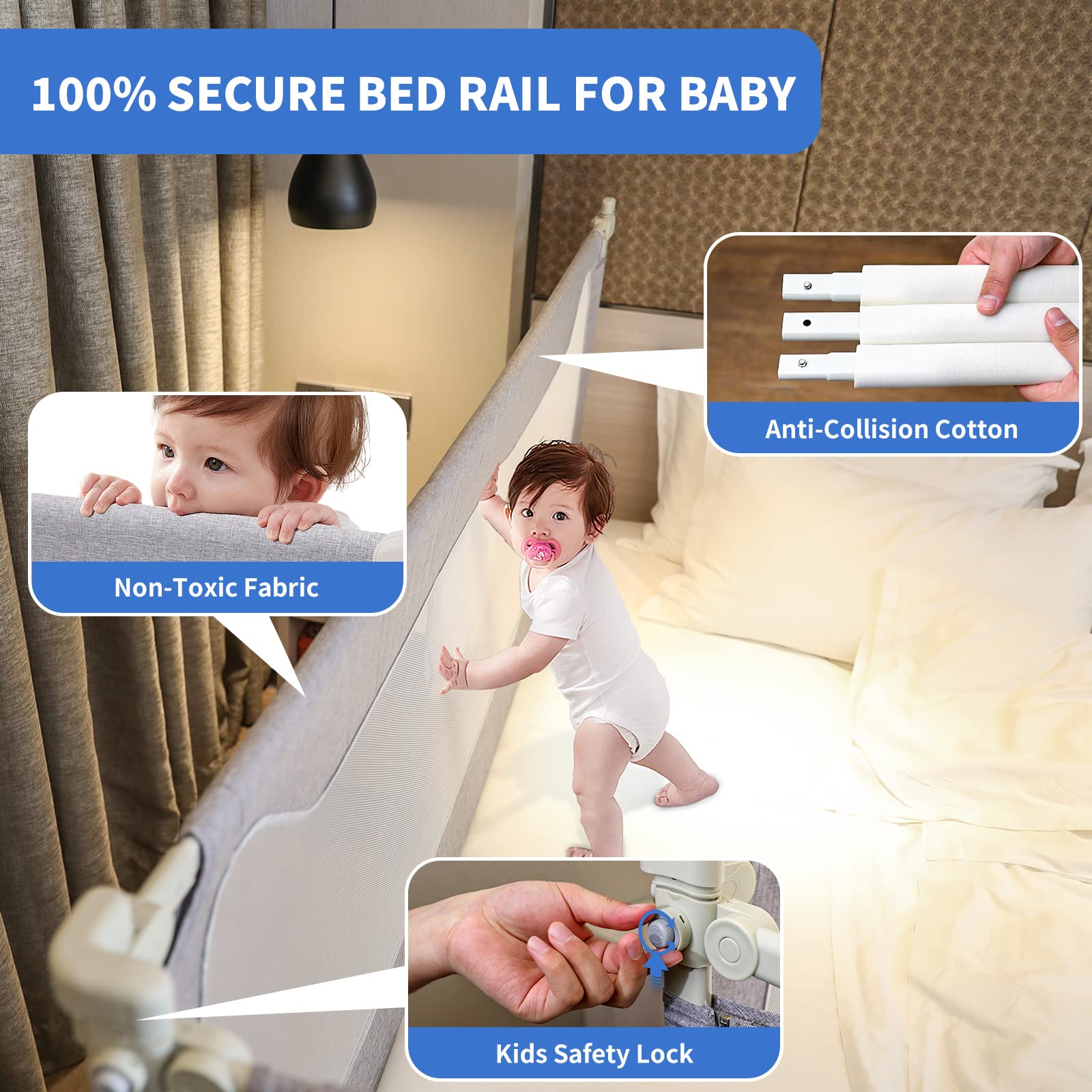 HOMEAL U-Shape Toddler Bed Rail Guard - 74.8 Inch Safety Rail for King & Twin Mattresses (Grey) - Perfect for Baby & Kids Room, Travel & Overnight Protection