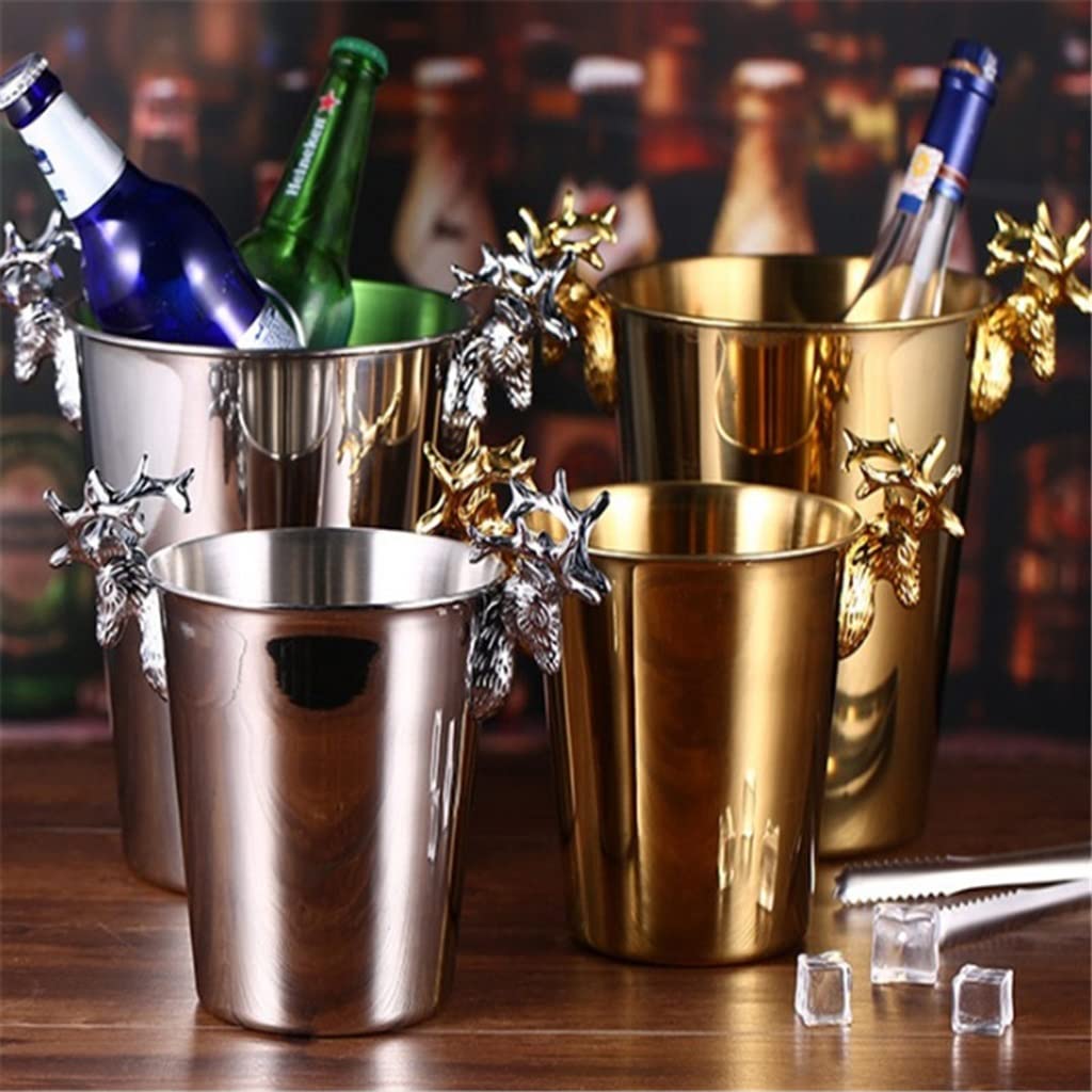Stainless Steel Ice Bucket for Wine, Champagne & Beer – Silver & Gold Deer Head Design – Perfect for KTV, Parties & Home Bar (1PC, Beige)
