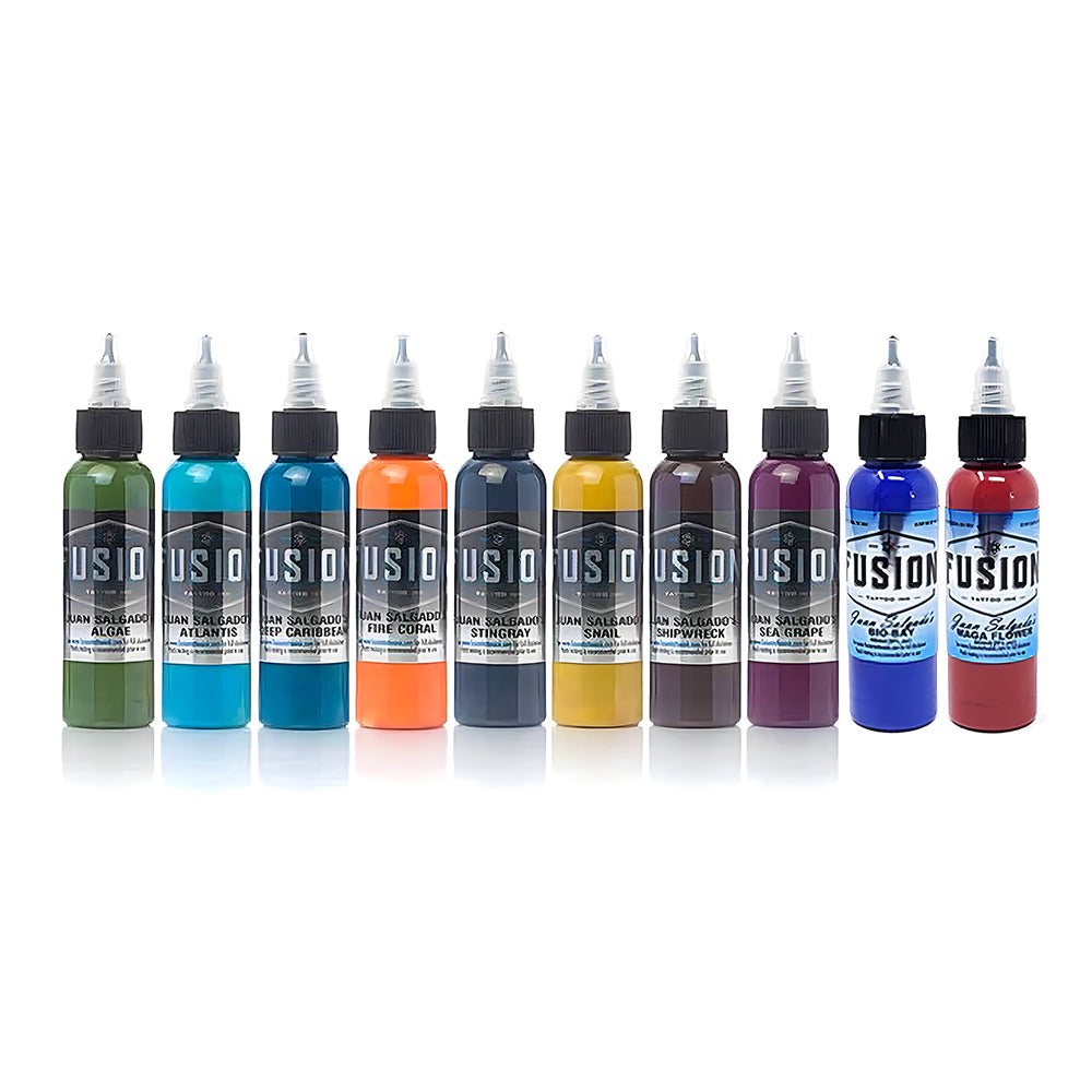 Juan Salgado 10-Color Signature Tattoo Ink Palette Set – Professional Fusion Tattoo Ink – 1oz Bottles – Perfect for Tattoo Artists & Body Art Professionals