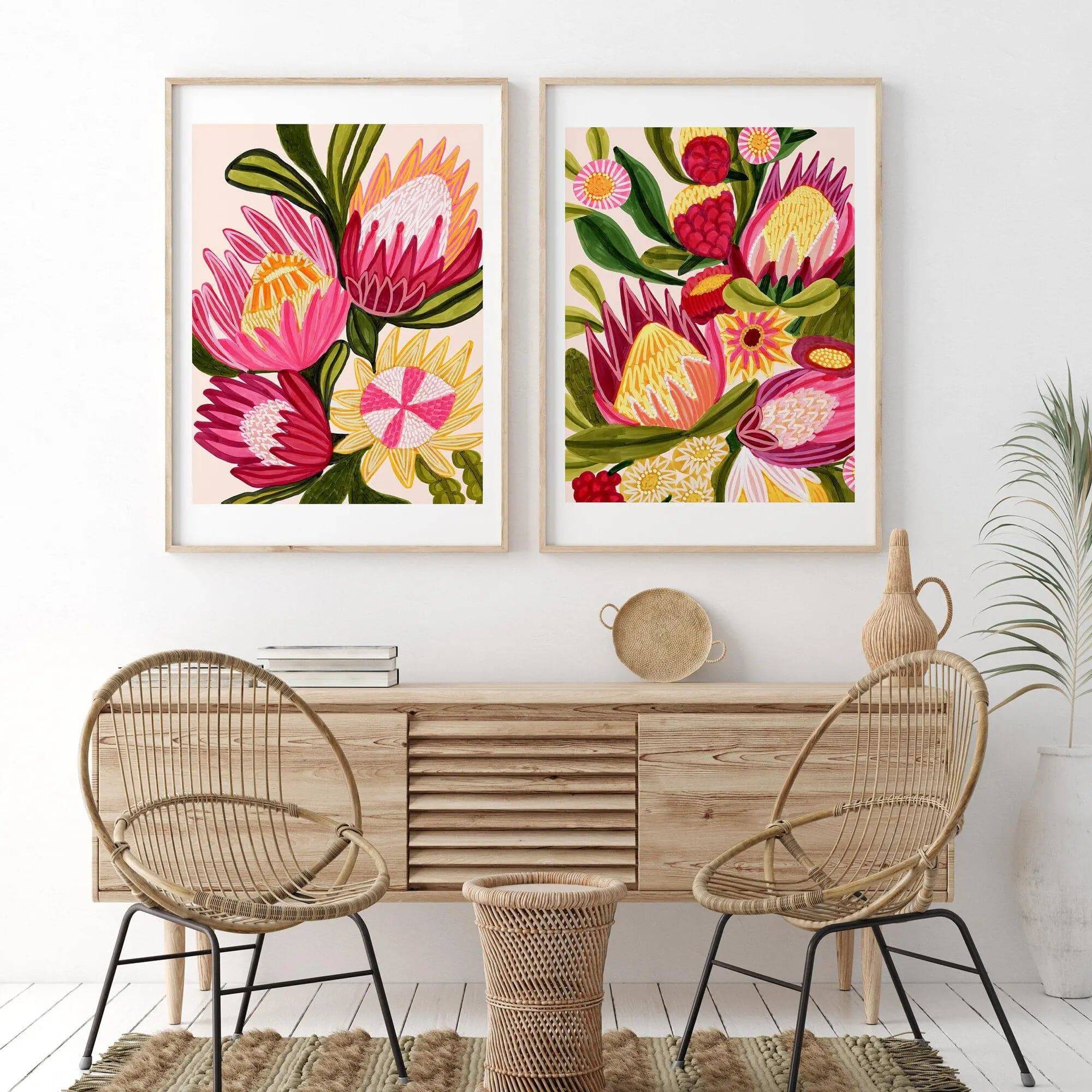Protea Flowers Print Large Wall Art Set - 3 Piece Canvas Painting for Living Room, Bedroom & Office Decor - Tropical Floral Boho Home Decor