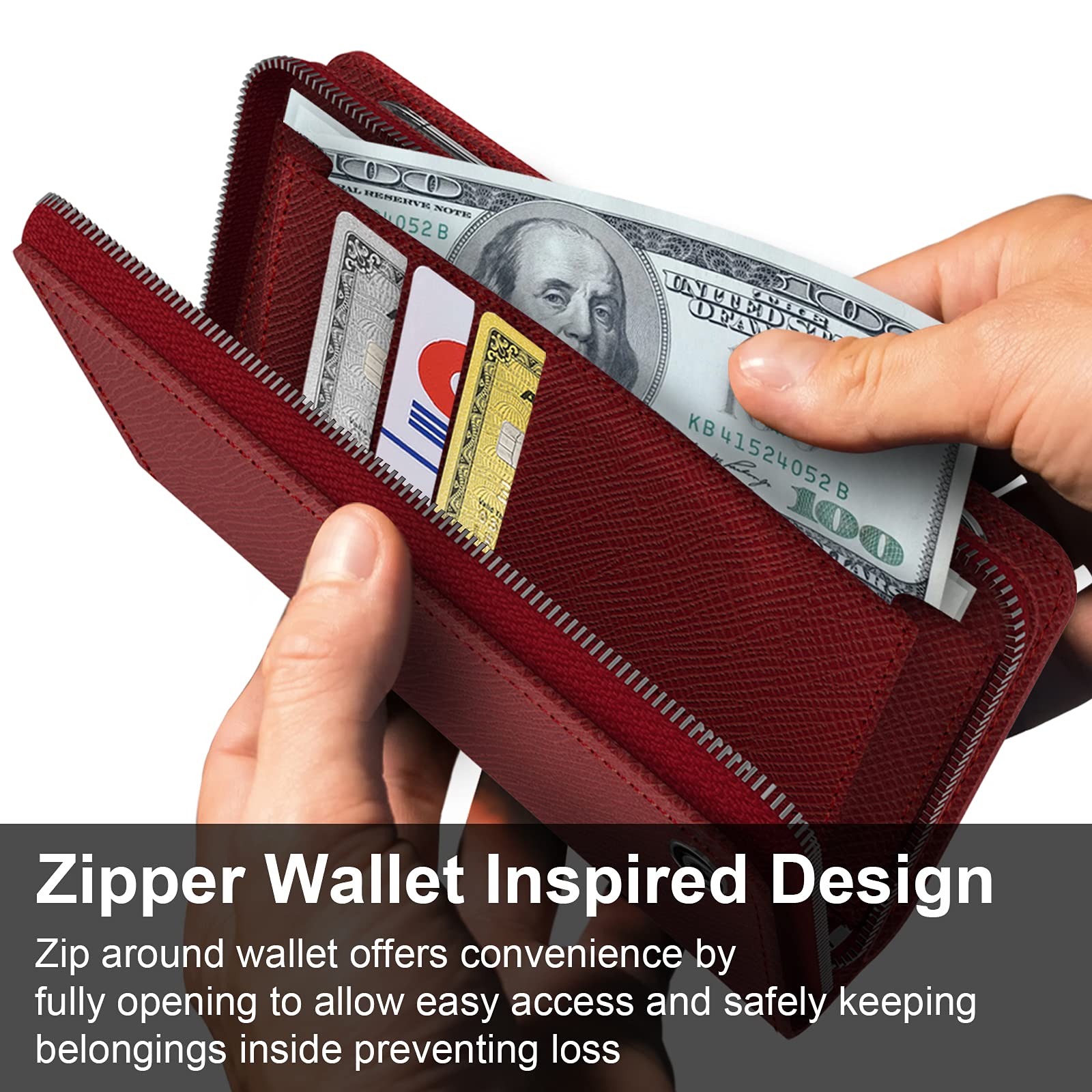 Premium PU Leather Galaxy Note 8 Wallet Case with Zipper Closure, Card Holder & Strap - Burgundy Flip Cover Folio for Protection & Style | Perfect for Business, Travel & Everyday Use