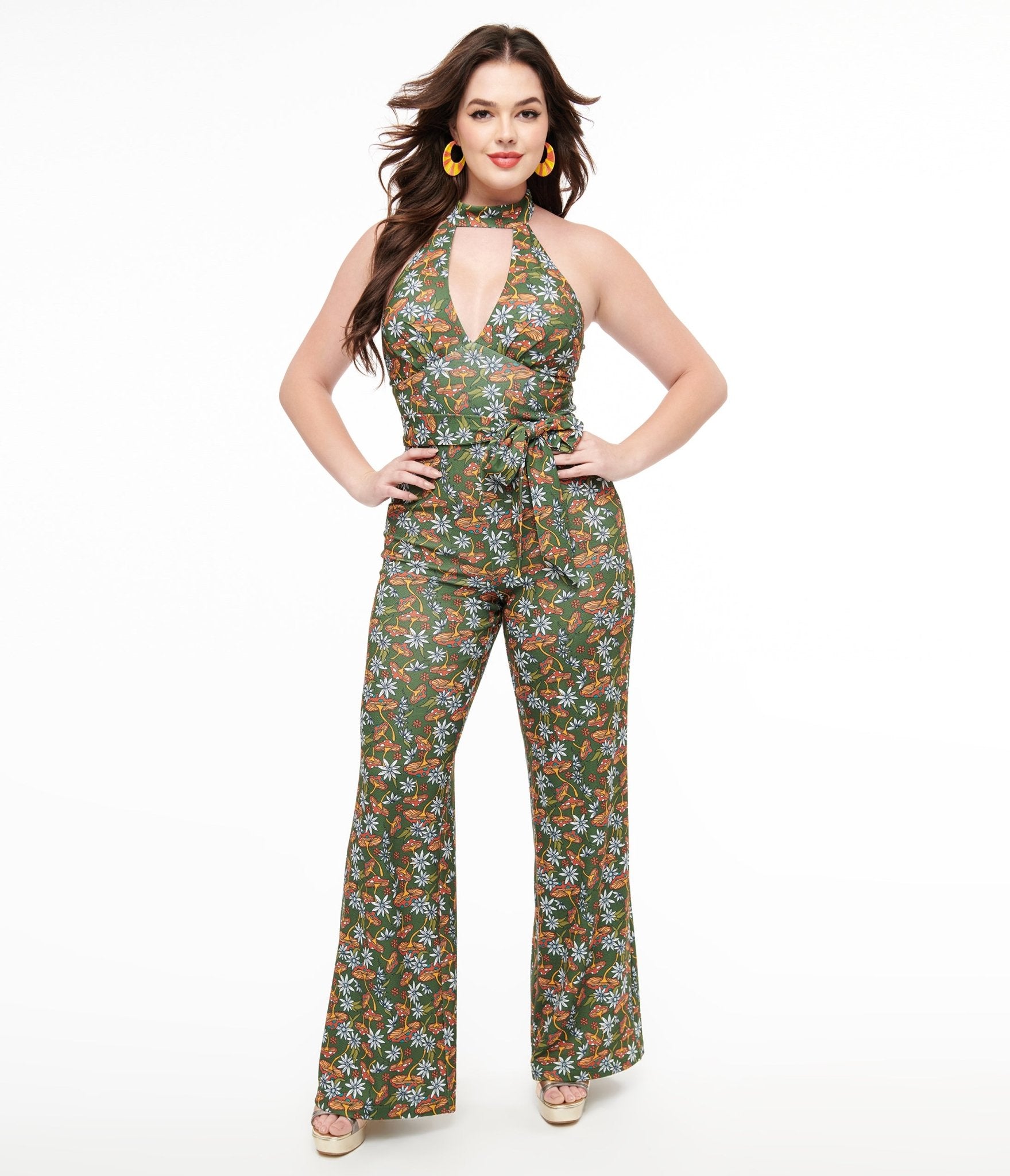 Vintage 1960s Green & Orange Mushroom Print Glamour Goddess Jumpsuit by Smak Parlour - Retro Party Outfit & Halloween Costume for Women