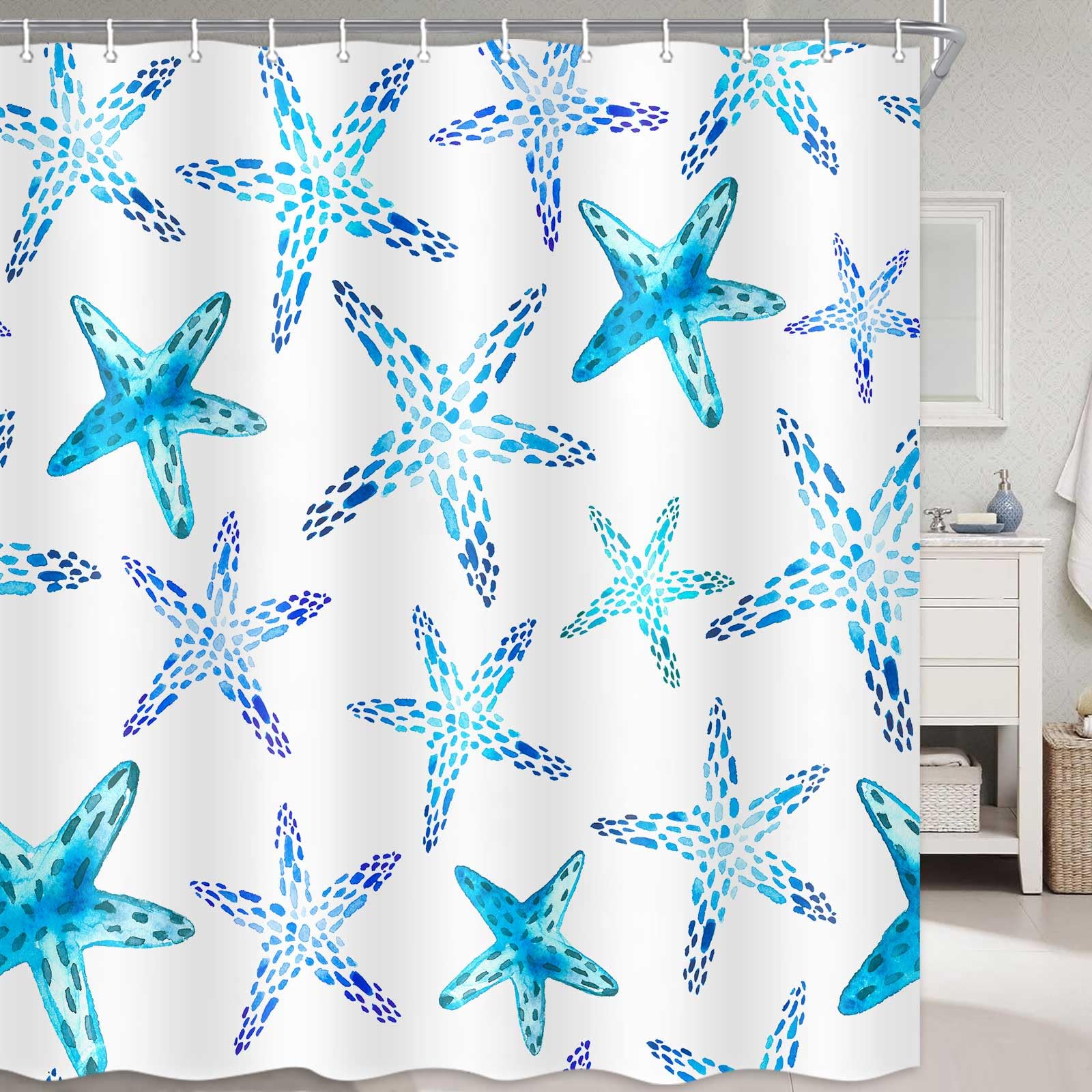 JAWO Cute Beach Starfish Watercolor Shower Curtain - Blue and White Nautical Ocean Theme Bathroom Decor - 69 x 70 Inches Fabric Bath Curtain for Coastal, Beach House & Seaside Themed Bathrooms