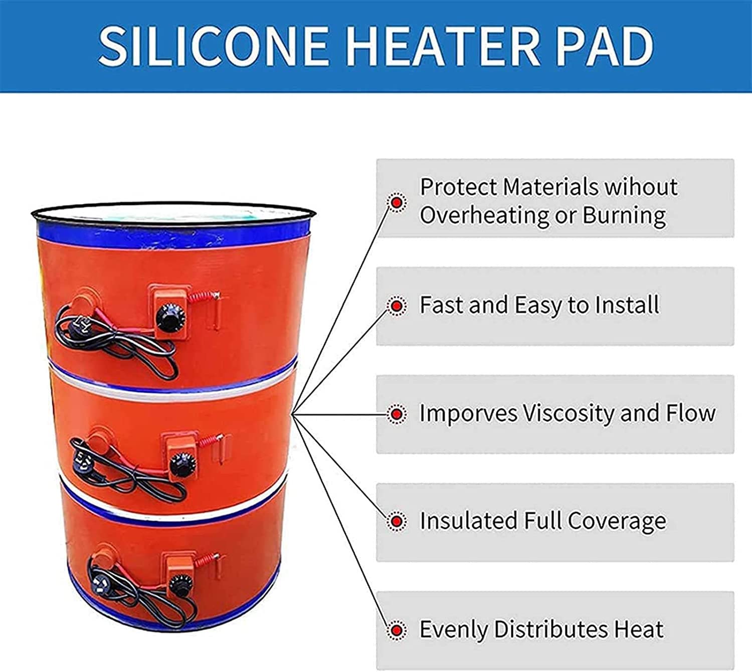 Heavy Duty Metal Drum Heater with Adjustable Thermostat (30-150°C) - Silicon Oil Barrel Heating Belt for Gas Tanks, Honey Pails & Industrial Drums - 86x20cm (34x8in) - Perfect for Winter Storage, Viscosity Control & Process Heating