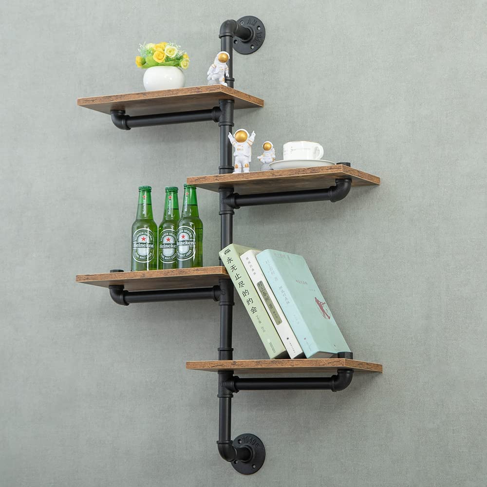 Industrial Pipe Shelving Kit with Wood Planks - Wall Mounted Floating Shelves for Kitchen, Bar, Living Room & Office - Rustic Corner Shelf for Home Decor & Storage